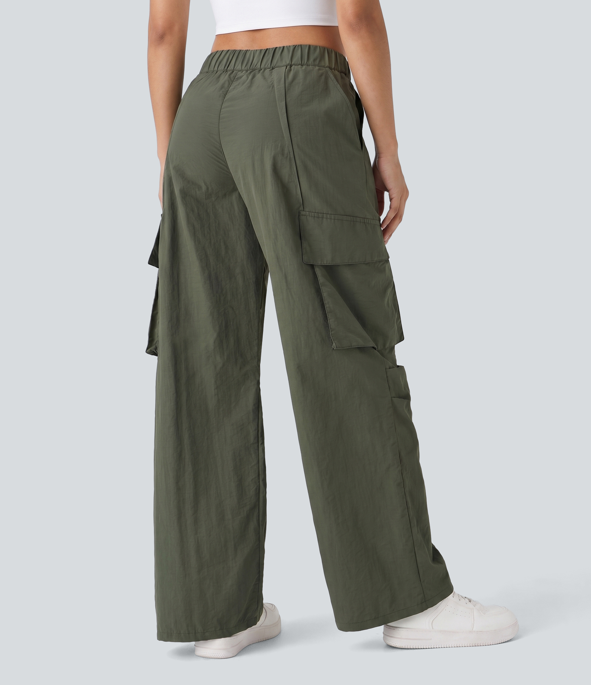 Ivy Green Pantalon cargo décontracté taille mi-haute, coupe ample à jambe large, braguette zippée avec bouton et poches latérales / 2