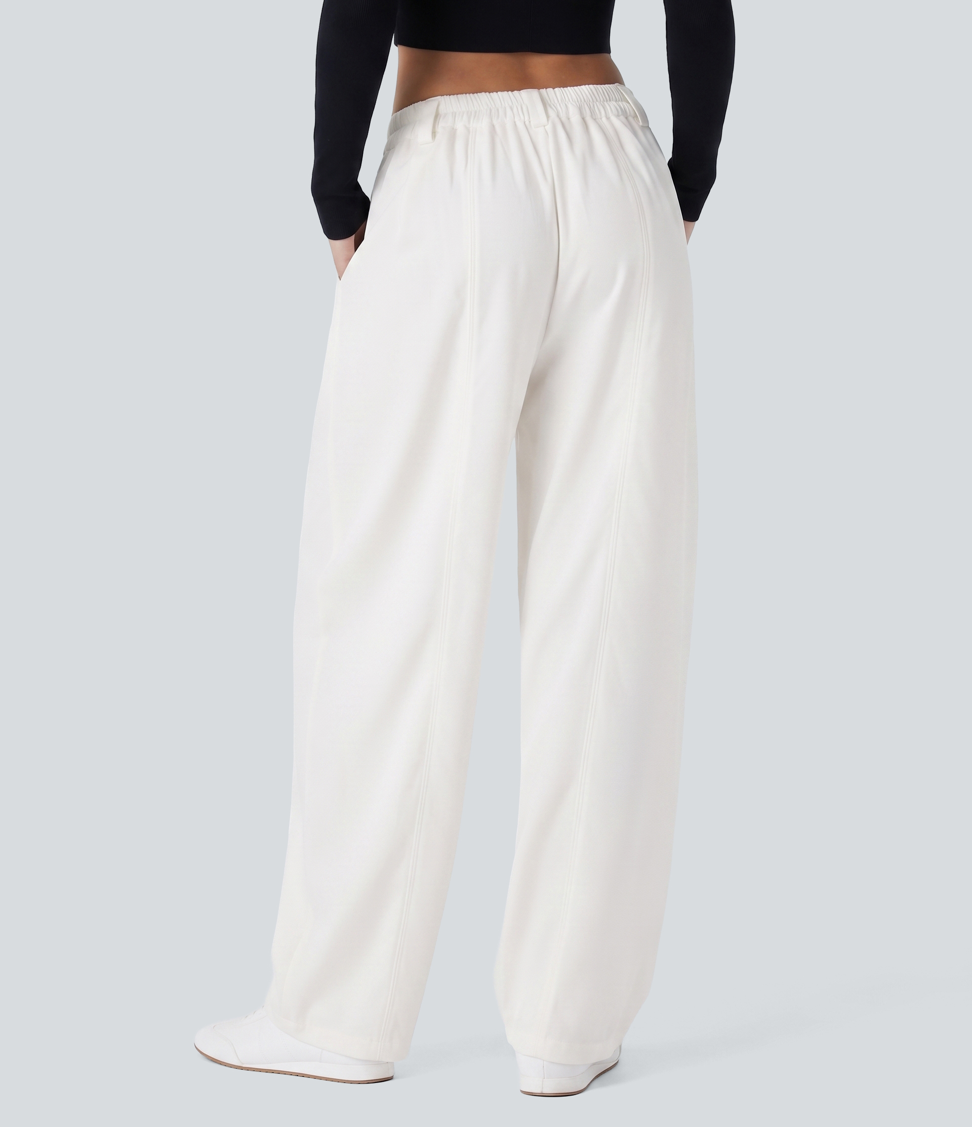 White Mid Rise Pocket Barrel Leg Baggy Work Pants / 2