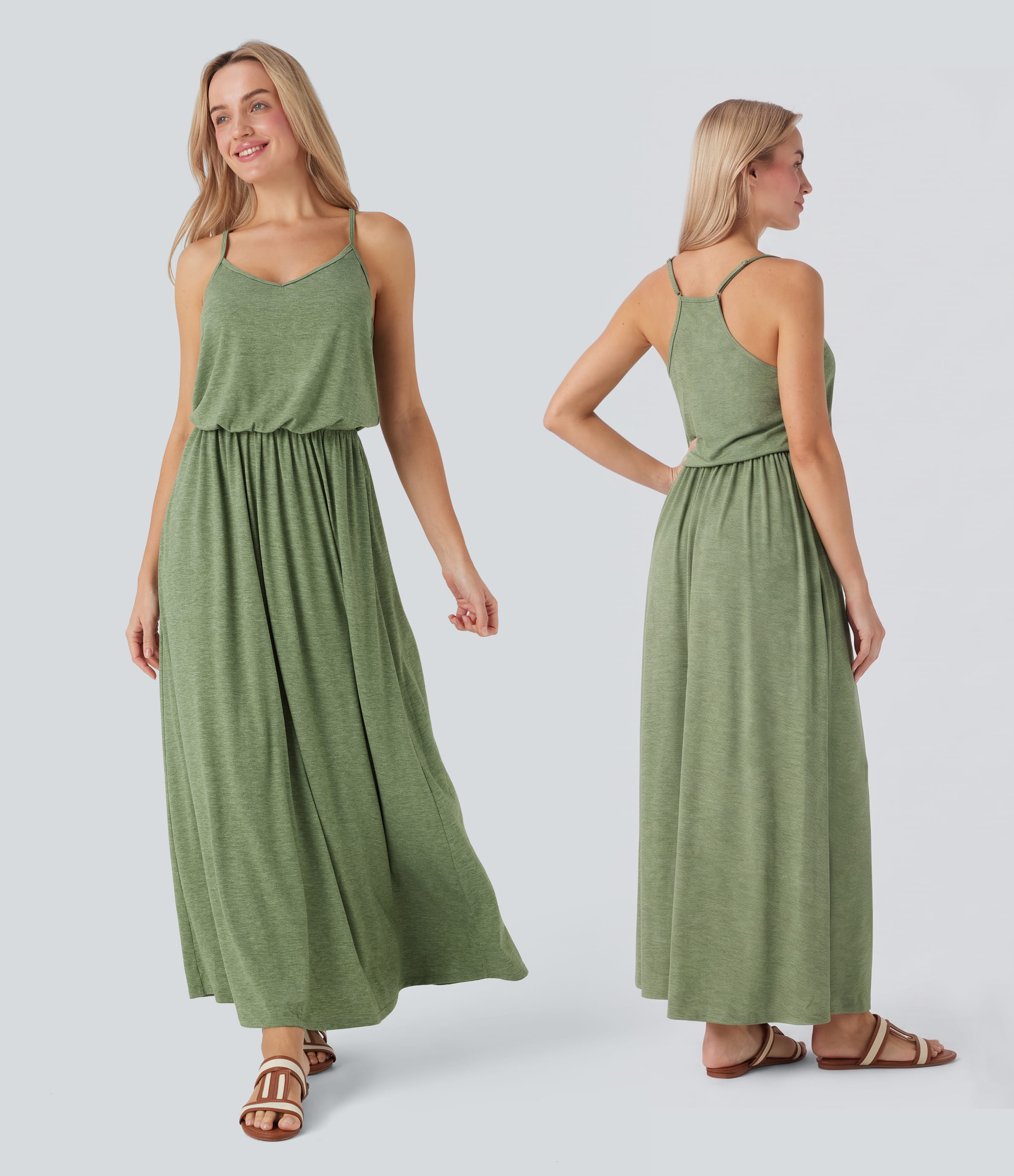 Robe longue fluide type nuisette à bretelles ajustables avec poches