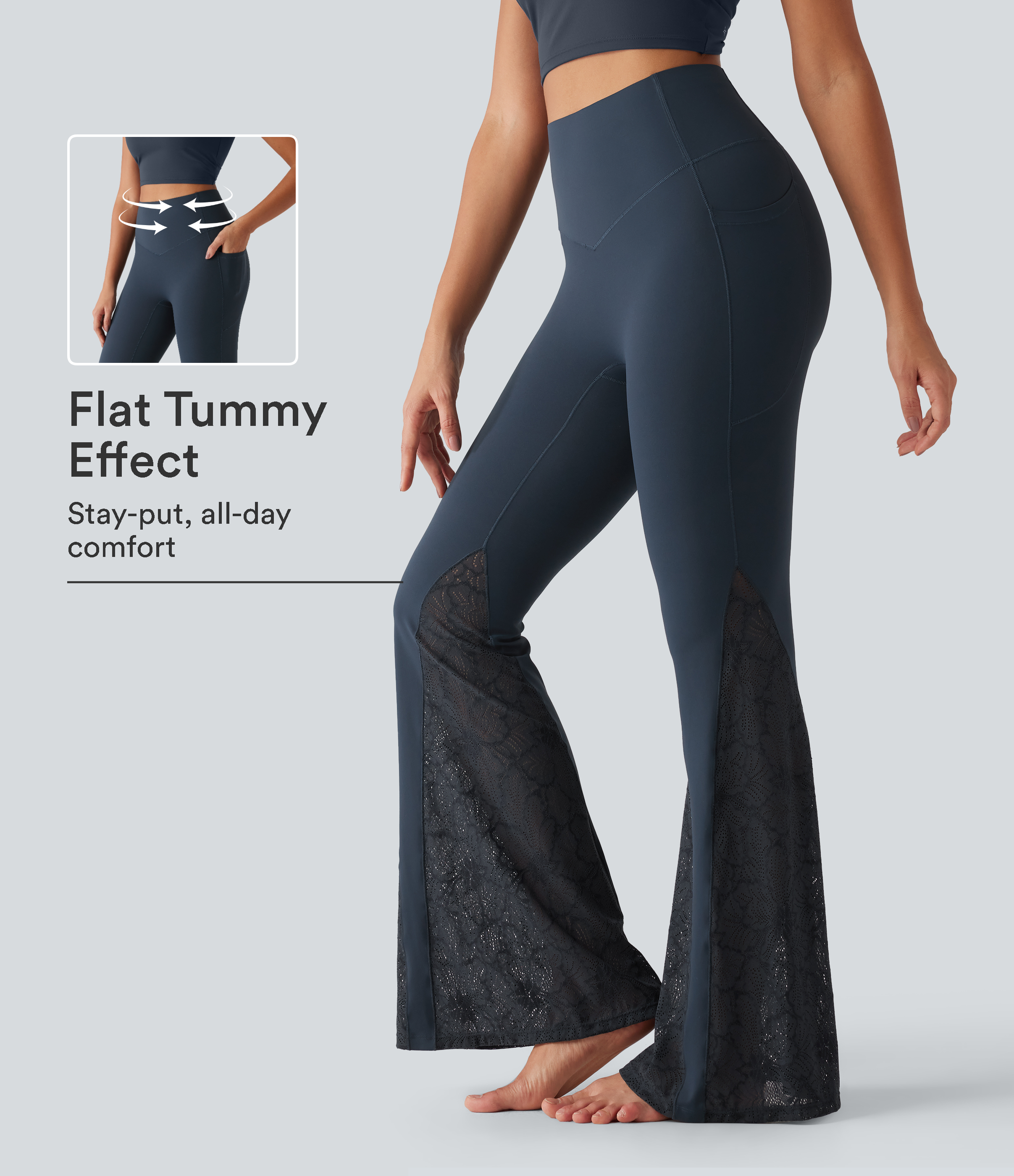 Halara UltraSculpt™ Leggings de yoga taille haute à effet ventre plat, avec dentelle contrastante, coupe évasée (flare) et poches
