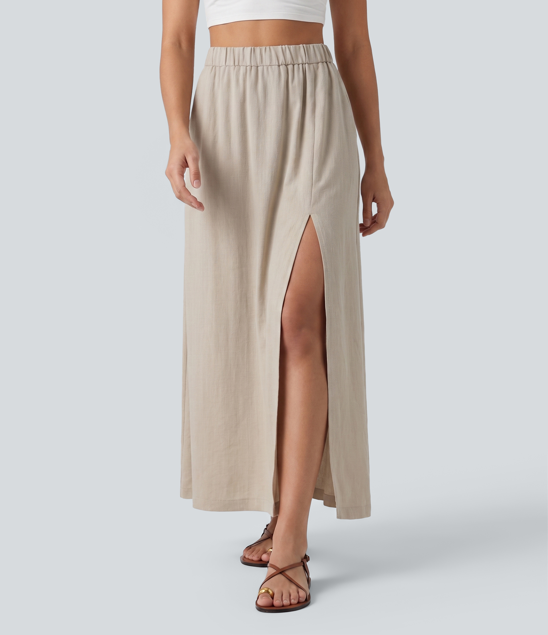 High Waisted Split Hem Maxi Casual Linen-Feel Skirt with Pockets