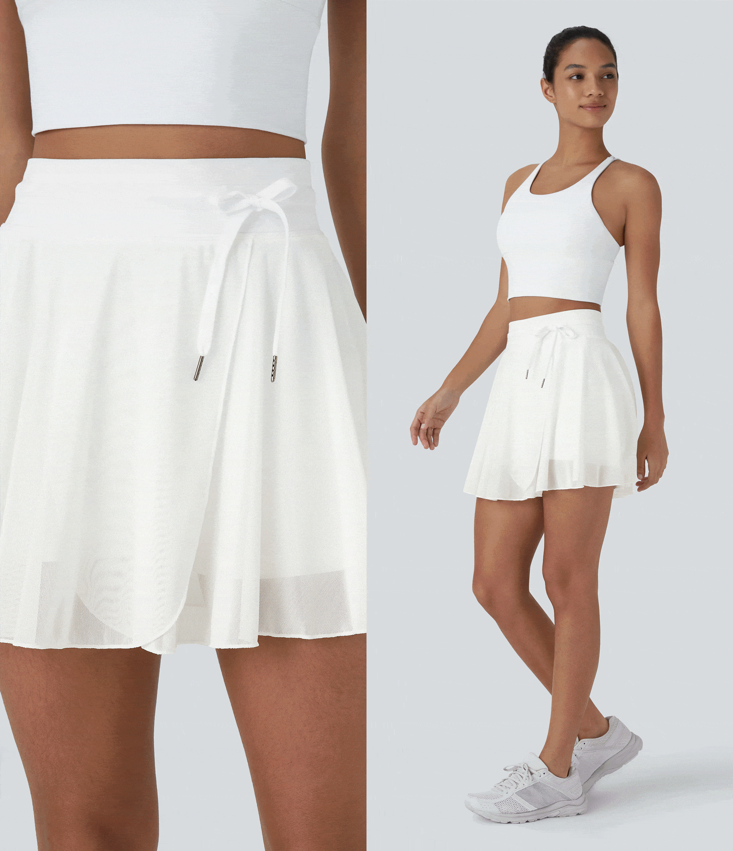 White High Waisted Drawstring Contrast Mesh 2-in-1 Pocket Flowy Mini Flare Casual Skirt / 2