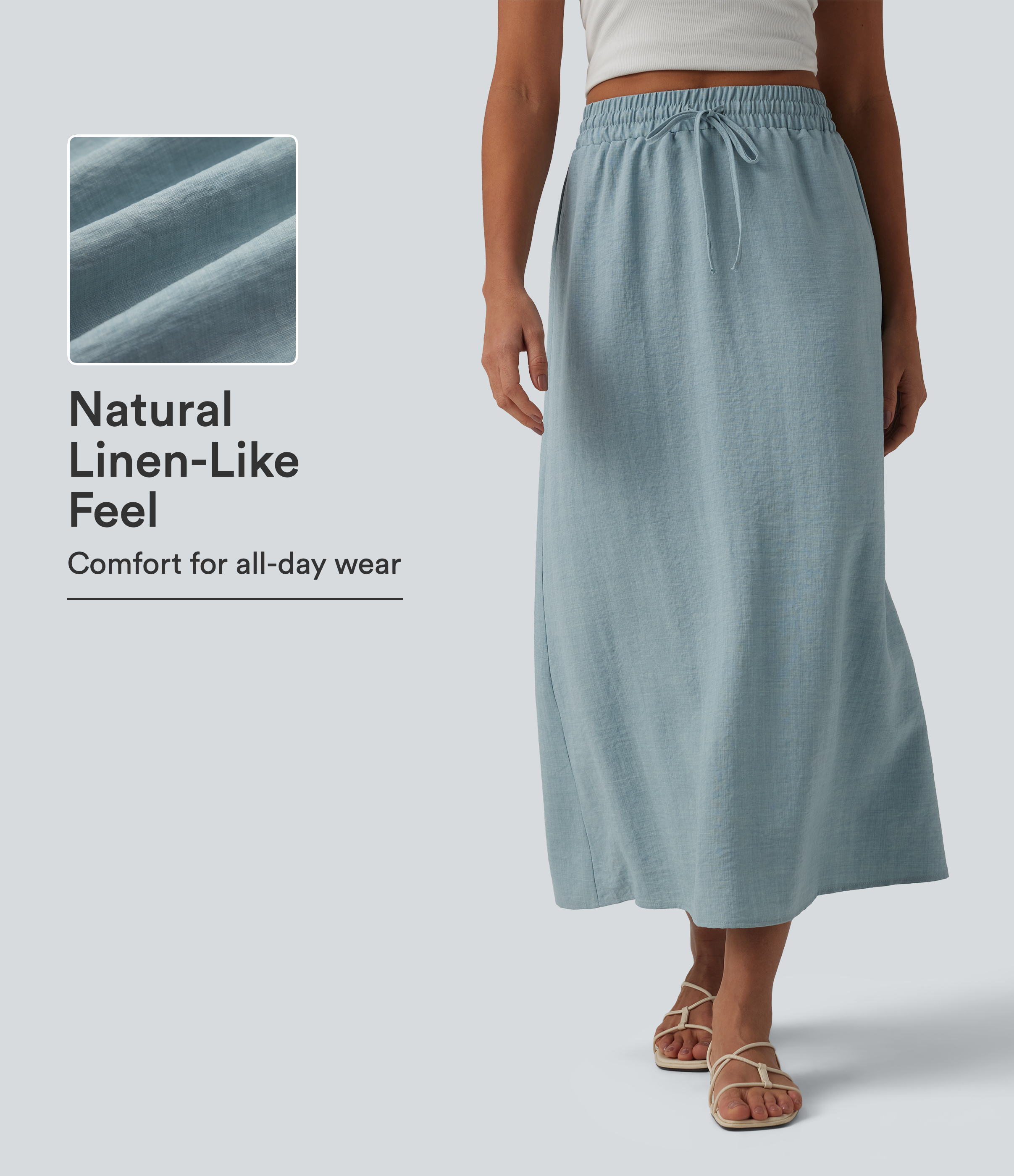 High Waisted Drawstring Maxi Linen-Feel Casual Skirt