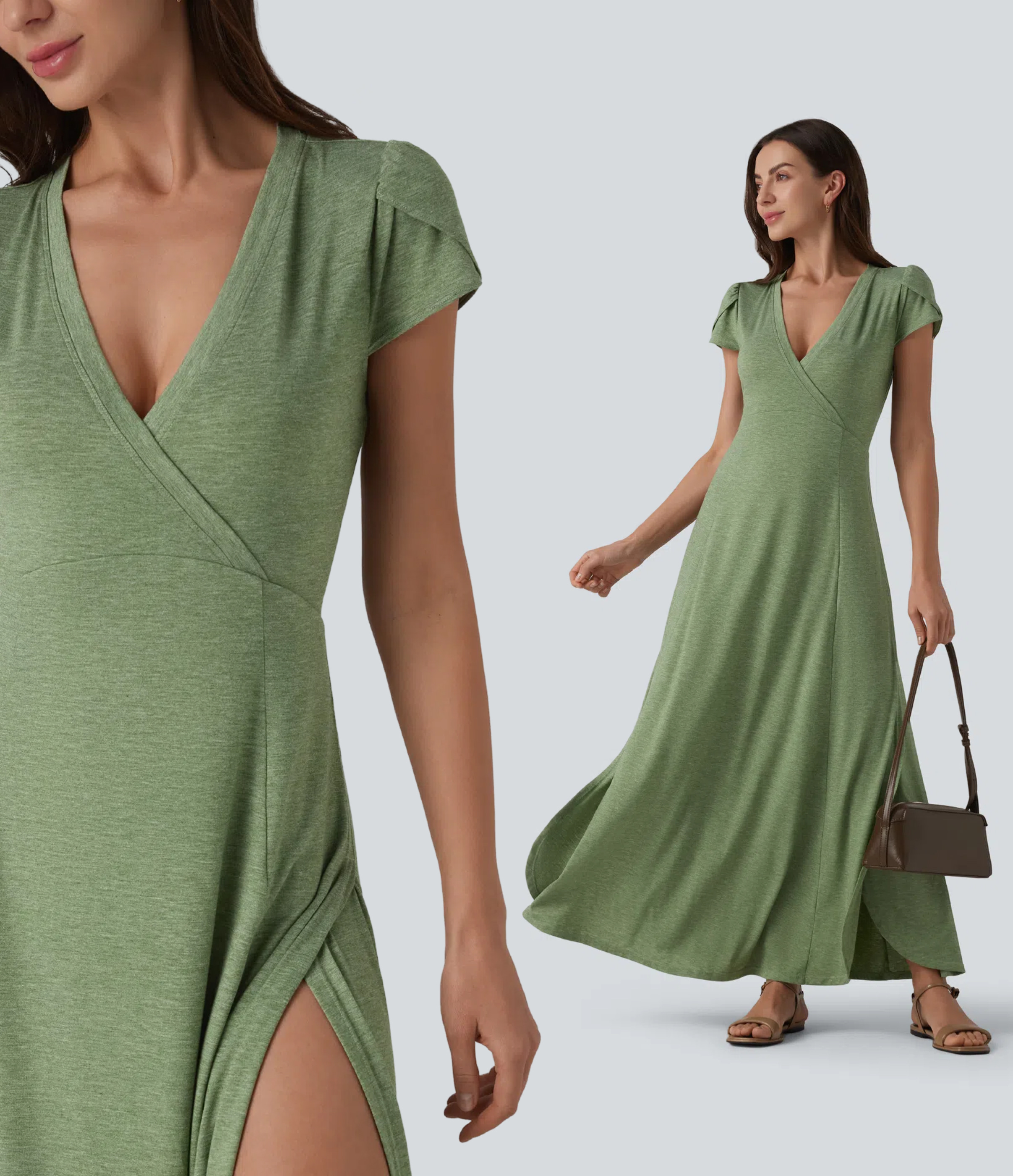 Robe longue fluide col V manches courtes