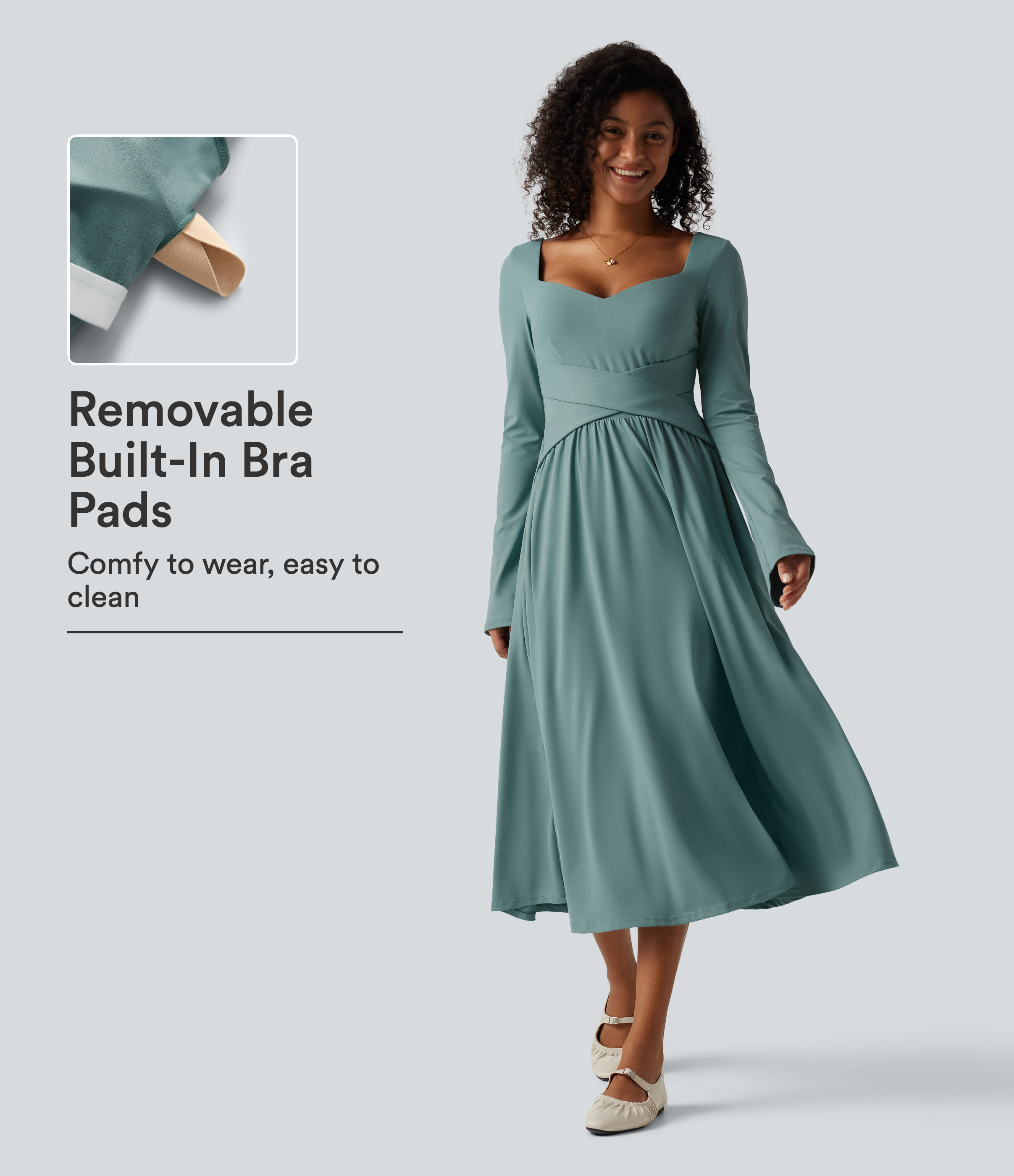 Long Sleeve Built-in Bra Crossover Flowy Midi Casual Dress with Pockets