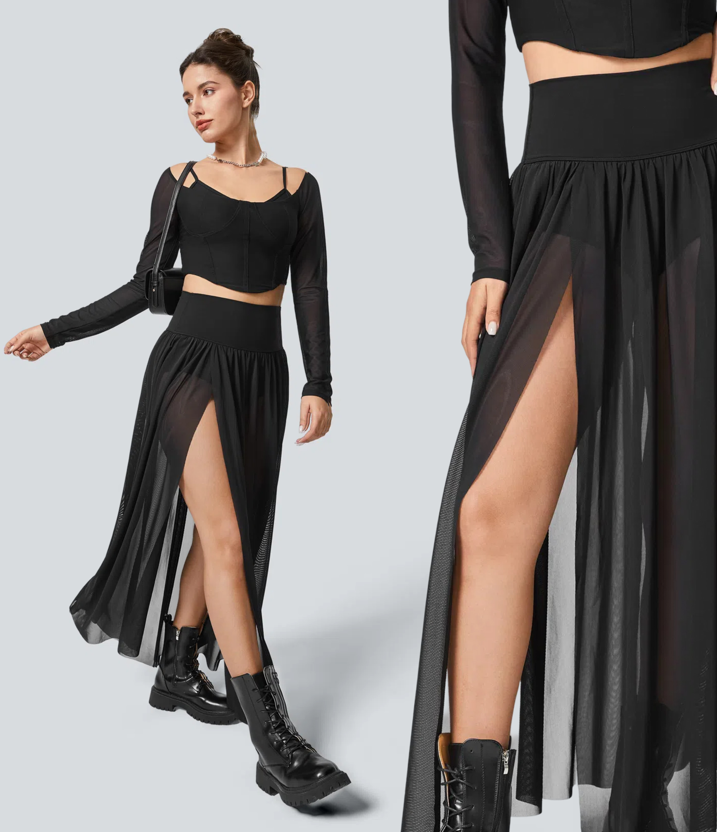 Jupe Casual Taille Haute Maxi Fluide Mesh Fente Plissée 2 en 1