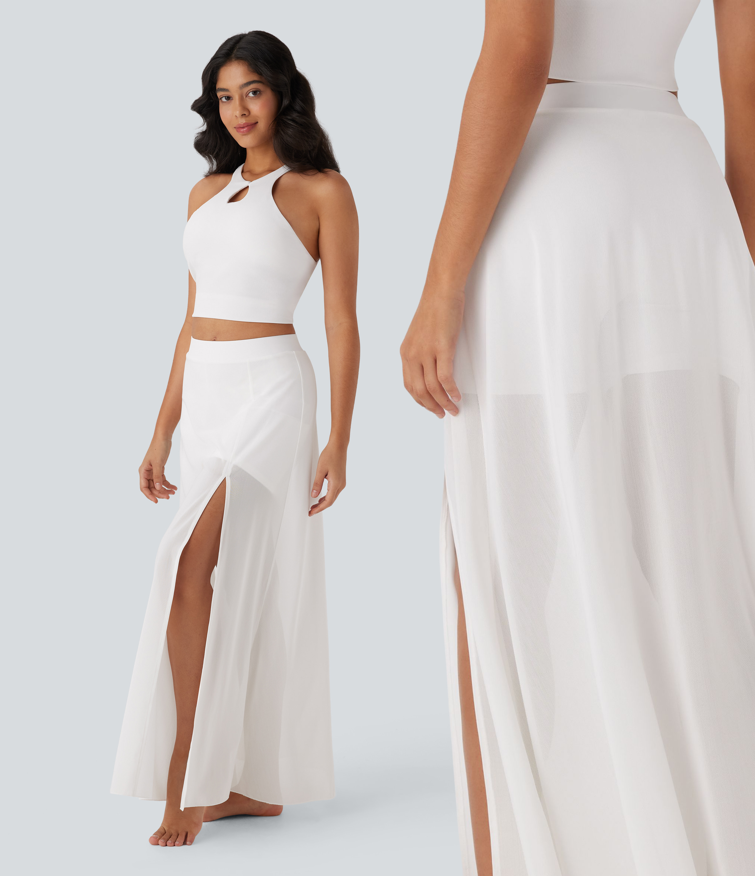 Jupe maxi fluide de danse 2-en-1 à taille mi-haute, fente et poches latérales