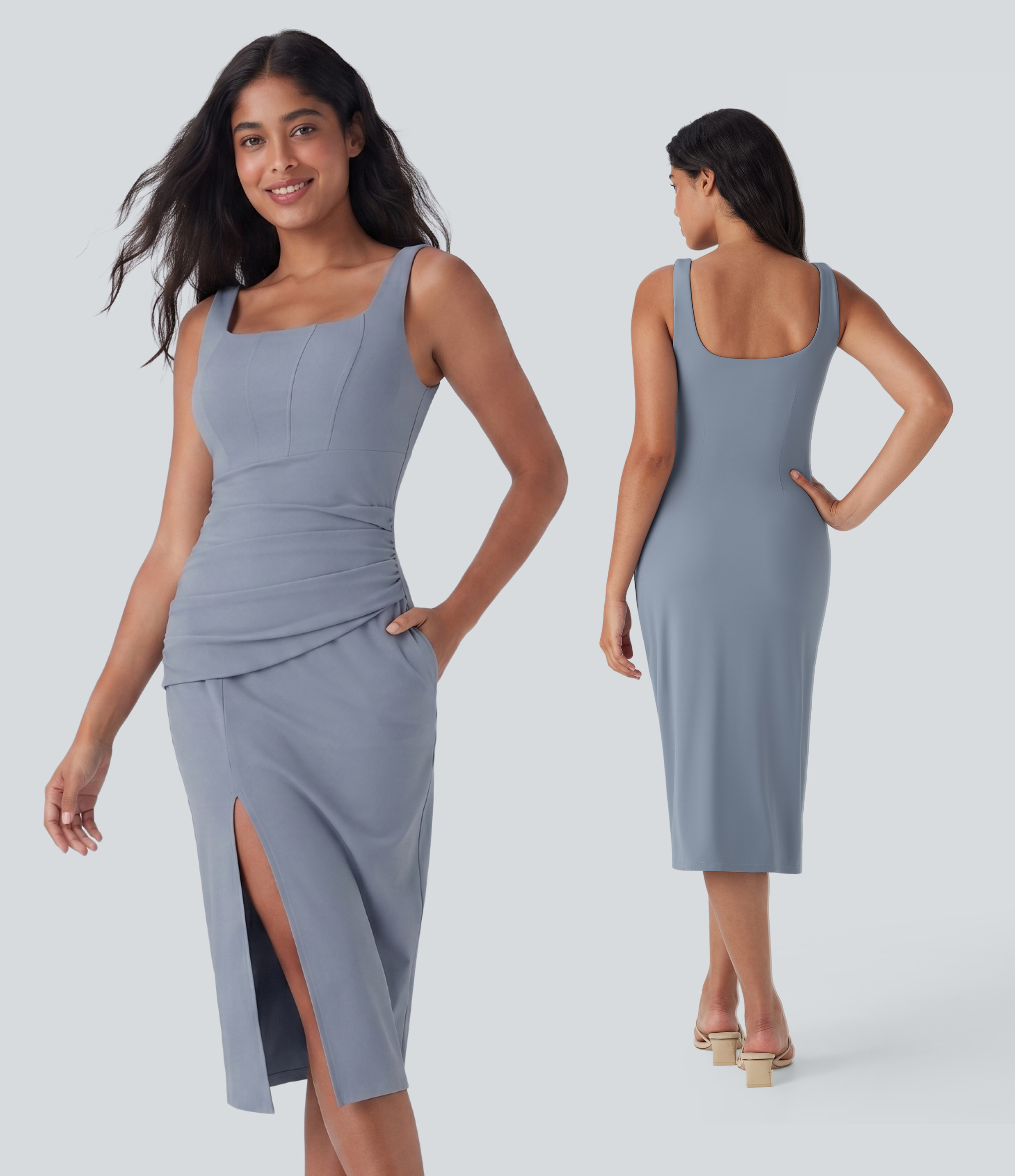 Robe moulante mi-longue SoftlyZero™ Airy col carré corset froncée effet frais InstantCool, bonnets E-G