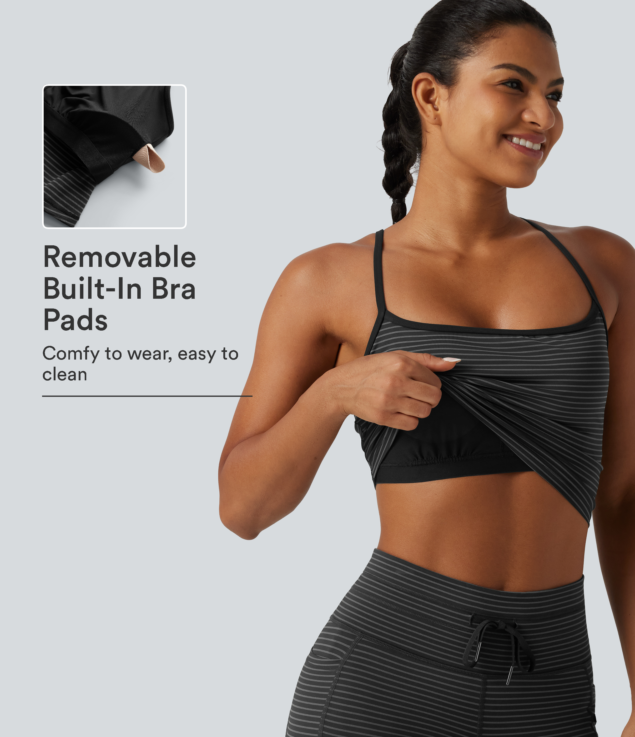 U Neck Built-in Bra Stripe Cropped Yoga Tank Top 