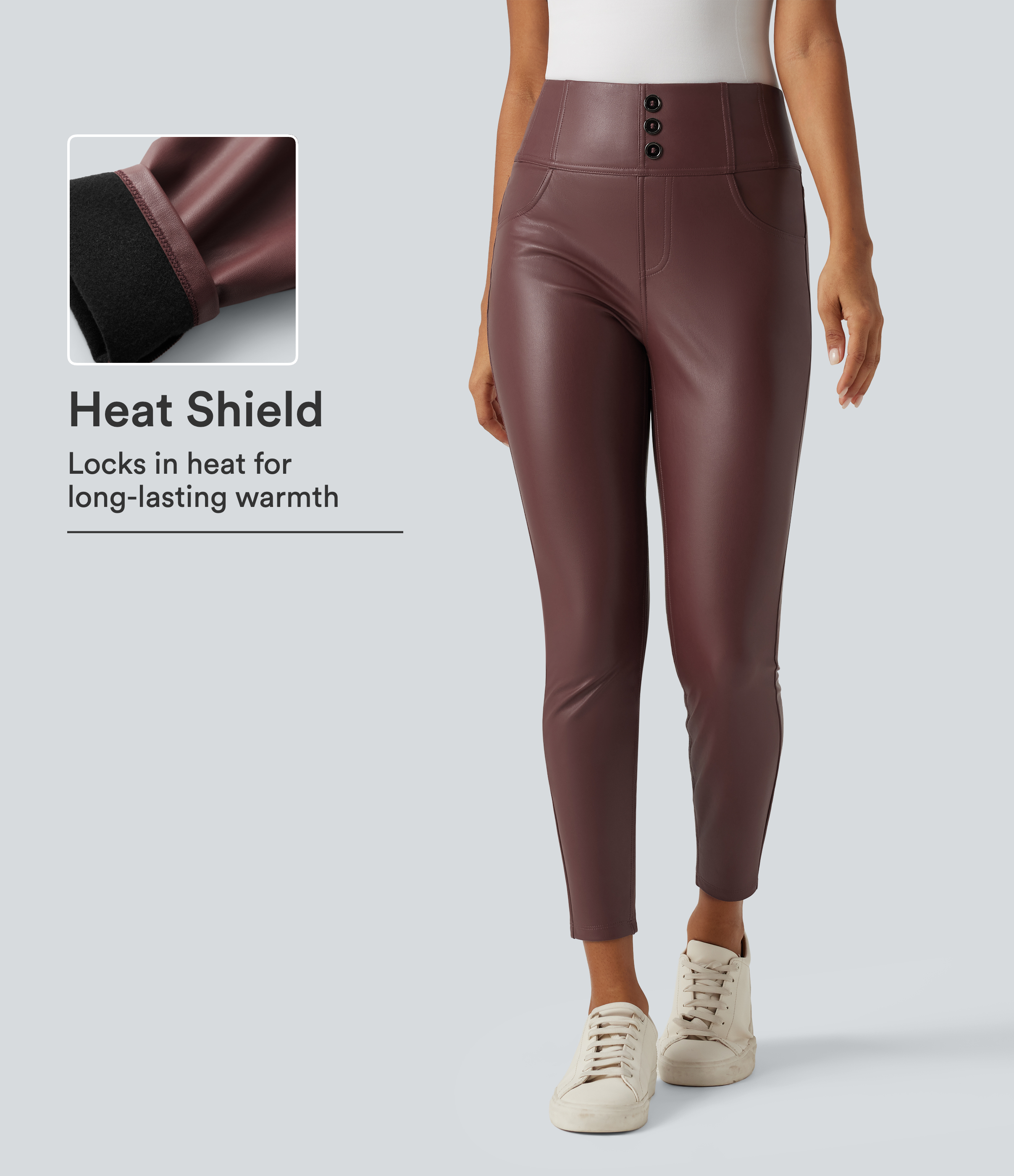 High Waisted Stretchy PU Fleece Casual Leggings with Pockets