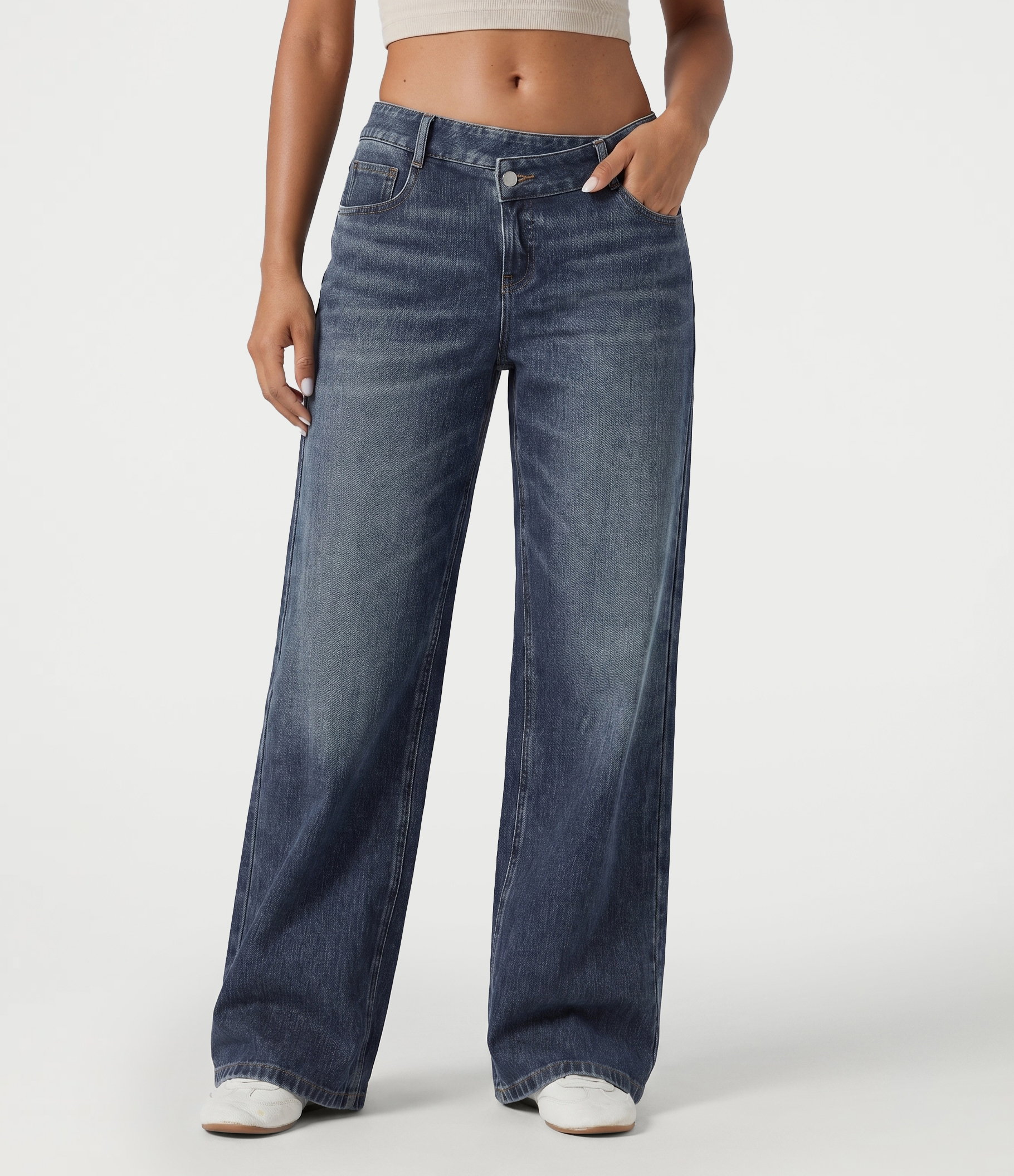Halara Flex™ Asymmetric Low Rise Baggy Washed Casual Jeans with Pockets