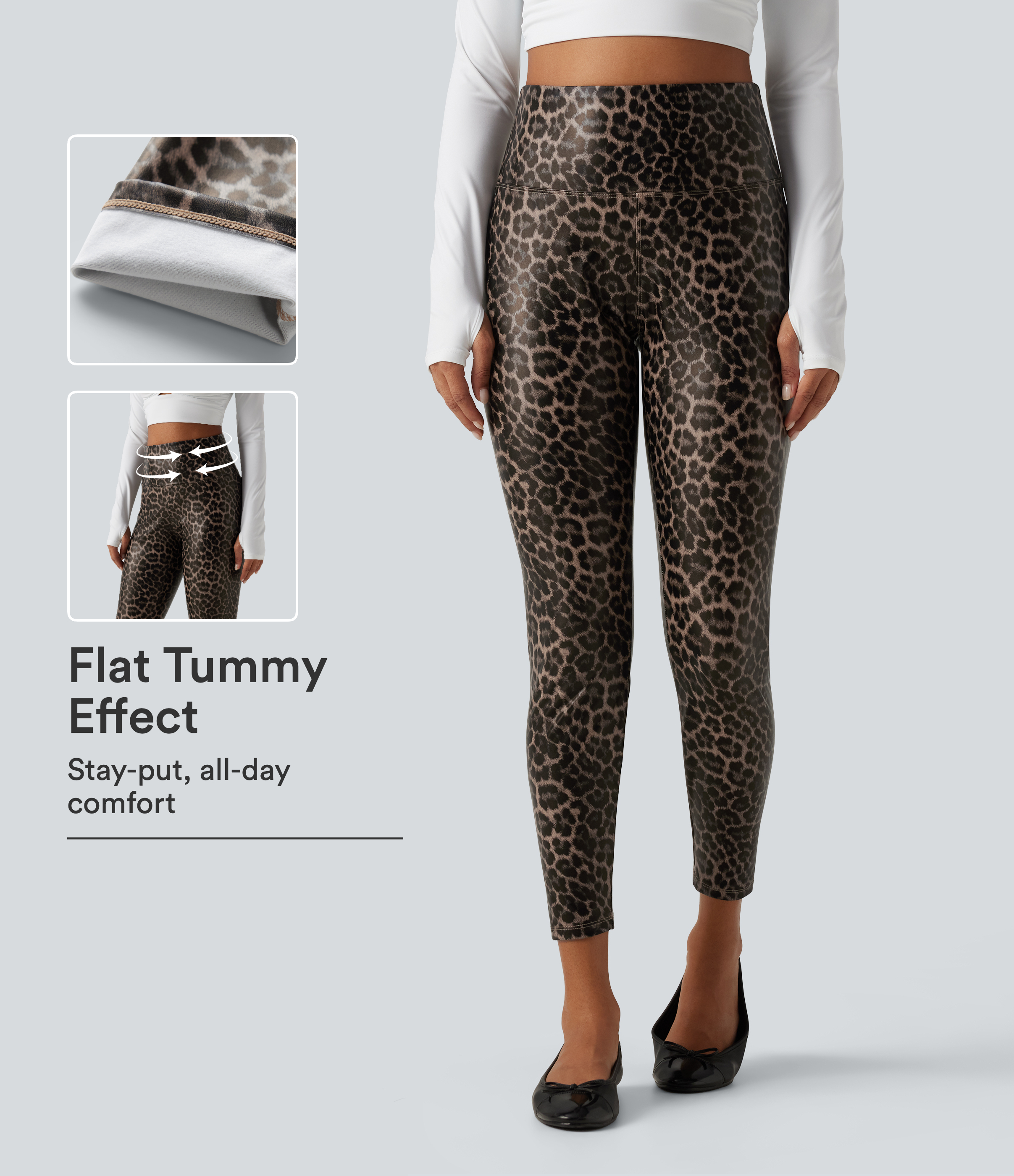 Cozy Feline Leggings med høj talje og mavekontrol, i strækbart PU med leopardprint — tætsiddende, casual, med lommer / 1
