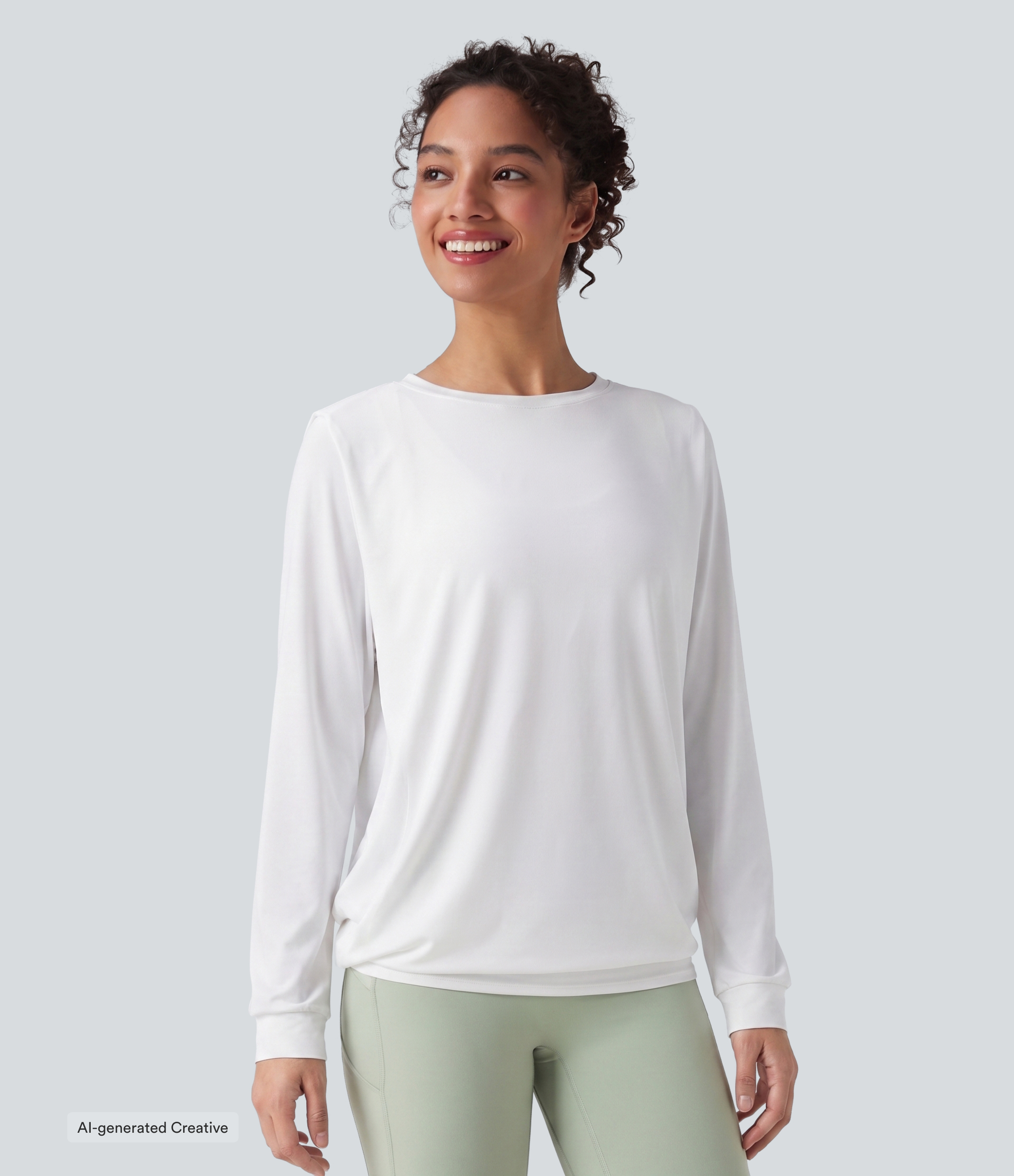 Round Neck Long Sleeve Ruched InstantCool Yoga Sports Top-Longer Length-UPF50+