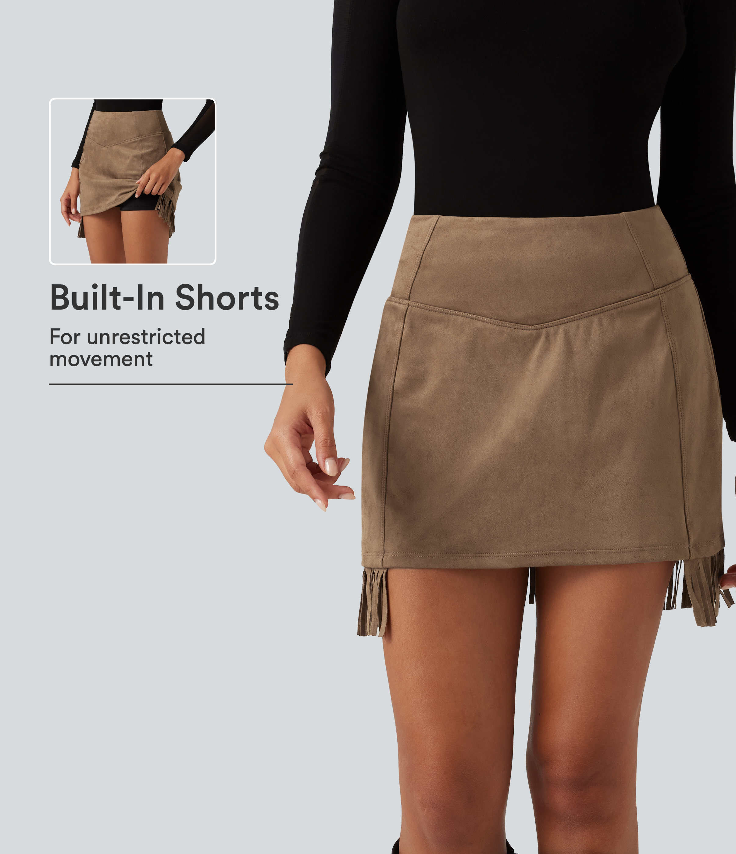 High Waisted Bodycon 2-in-1 Fringe Hem Suede Mini Skirt