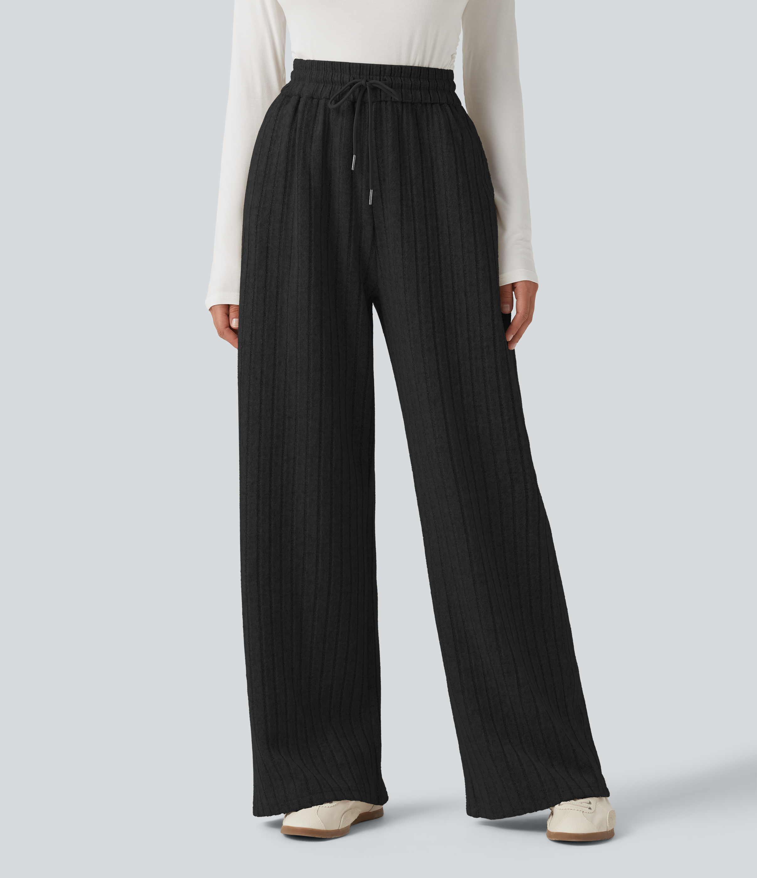 Noir Pantalon baggy taille haute à cordon avec poches / 1