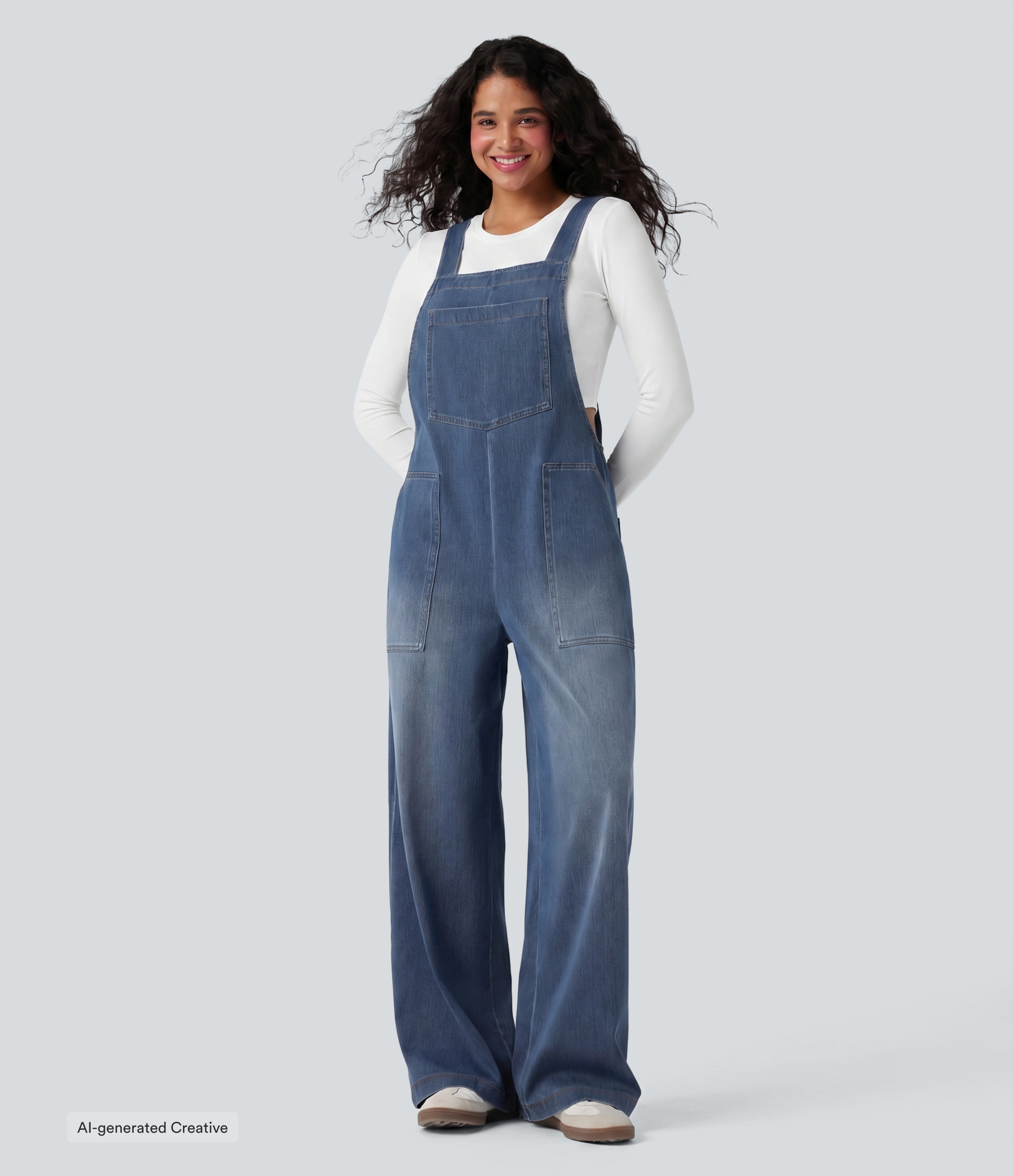 Halara Flex™ Square Neck Washed Denim Casual Overalls with Pockets