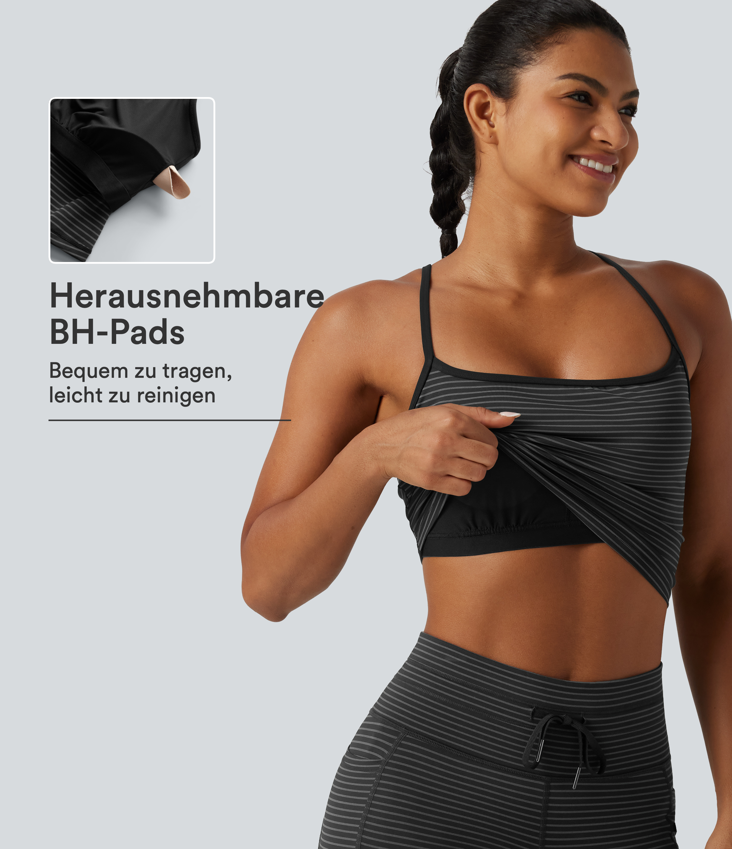 Kurzes Yoga-Tanktop mit U-Ausschnitt, integriertem BH und Streifenmuster 