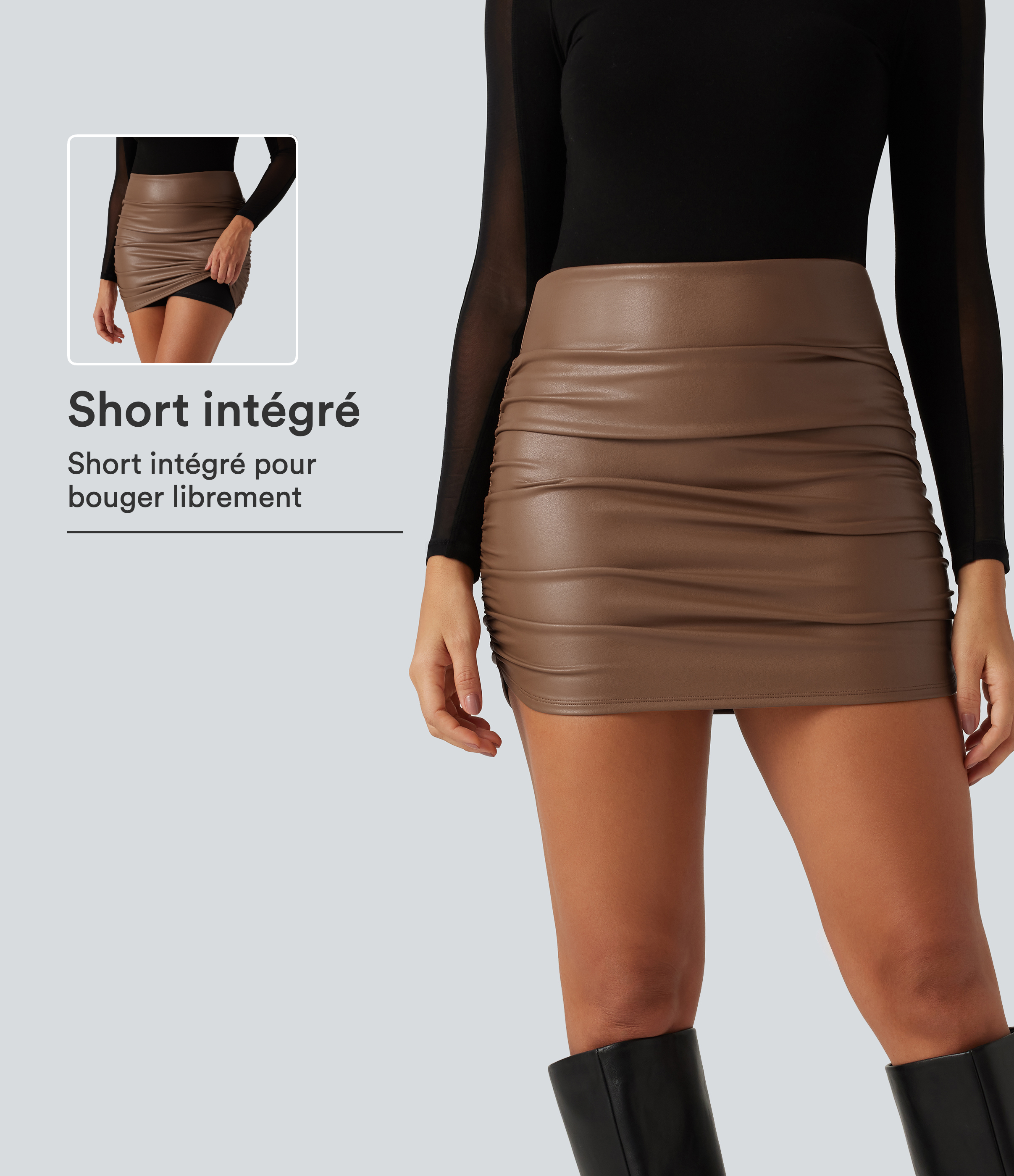 Jupe-short mini moulante taille haute froncée en simili doublé polaire avec ourlet arrondi