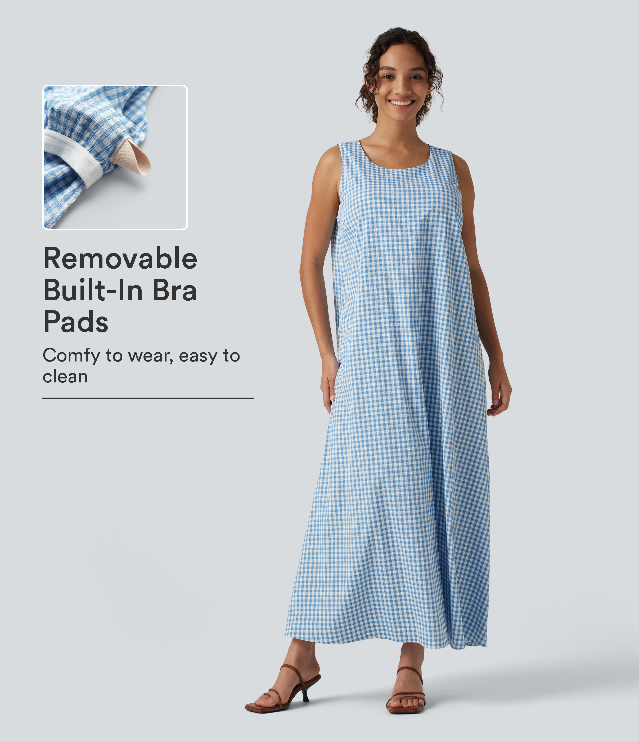 Round Neck Sleeveless Midi Crinkle Gingham Casual Tank Dress with Pockets DD-F Cups