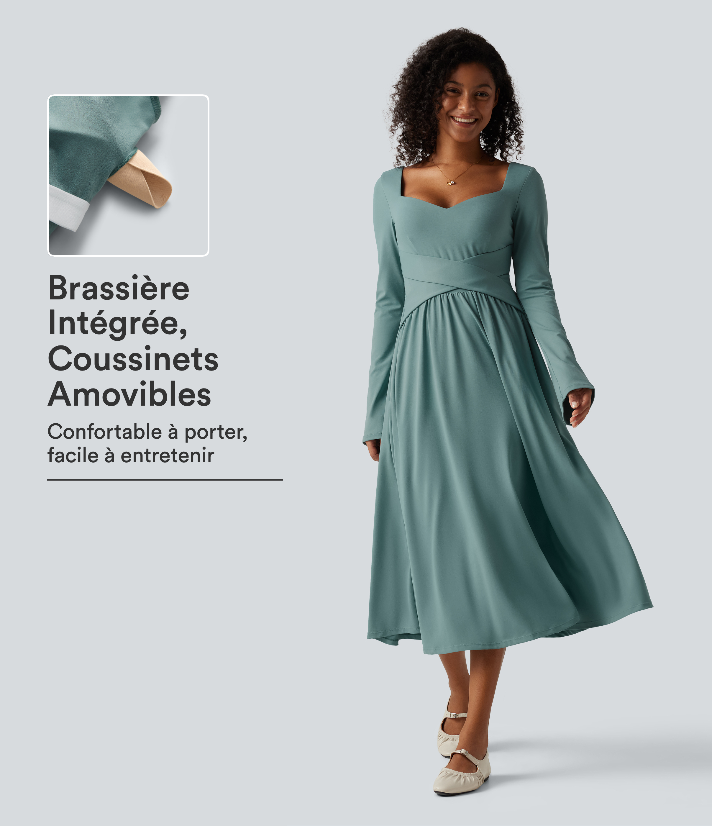 Robe midi fluide croisée à manches longues avec coussinets amovibles et poches