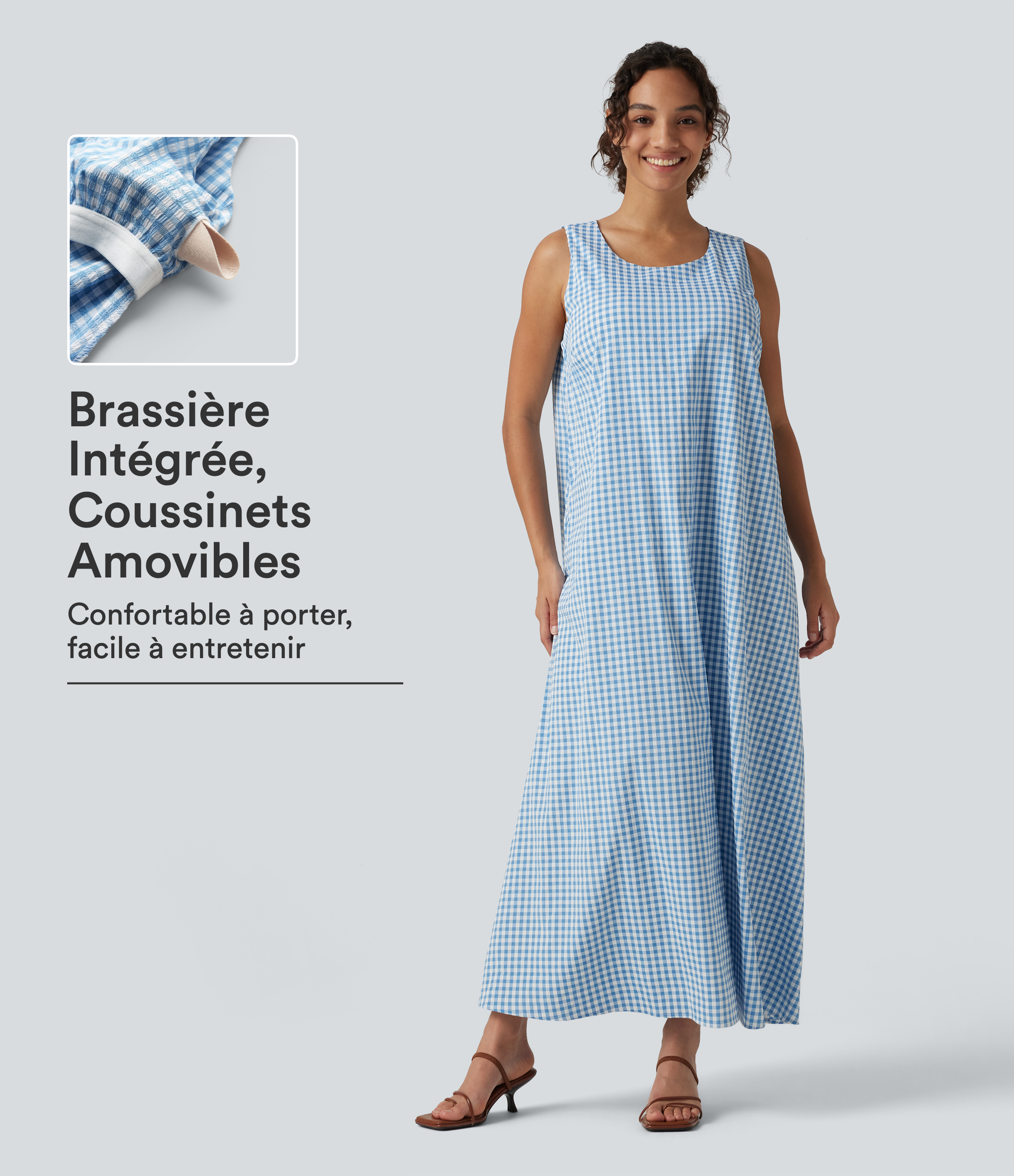Robe débardeur midi à motif vichy froissé, encolure arrondie, sans manches et poches, bonnets E à G