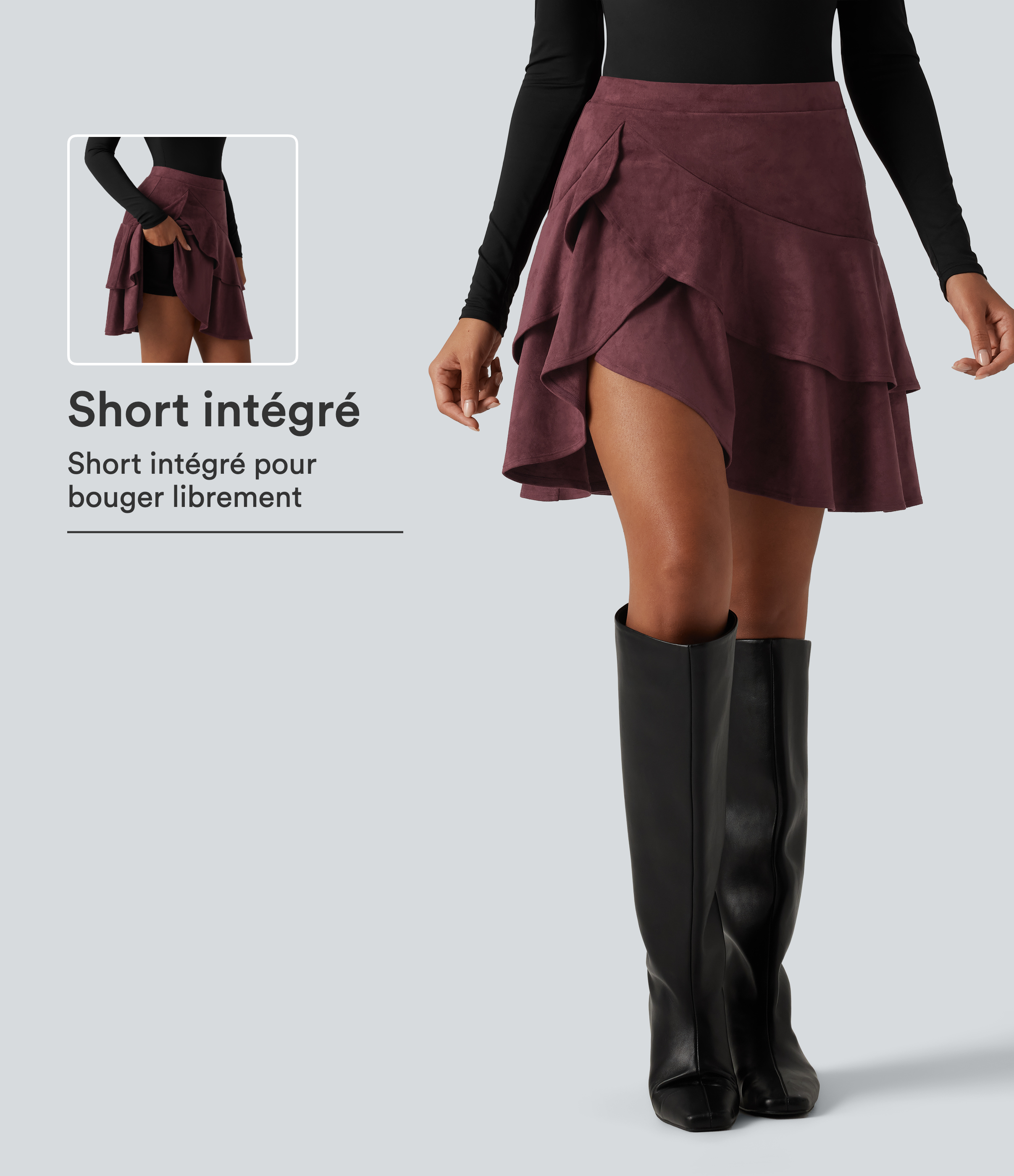 Jupe-short mini longueur allongée en suédine taille haute à volants superposés avec poche