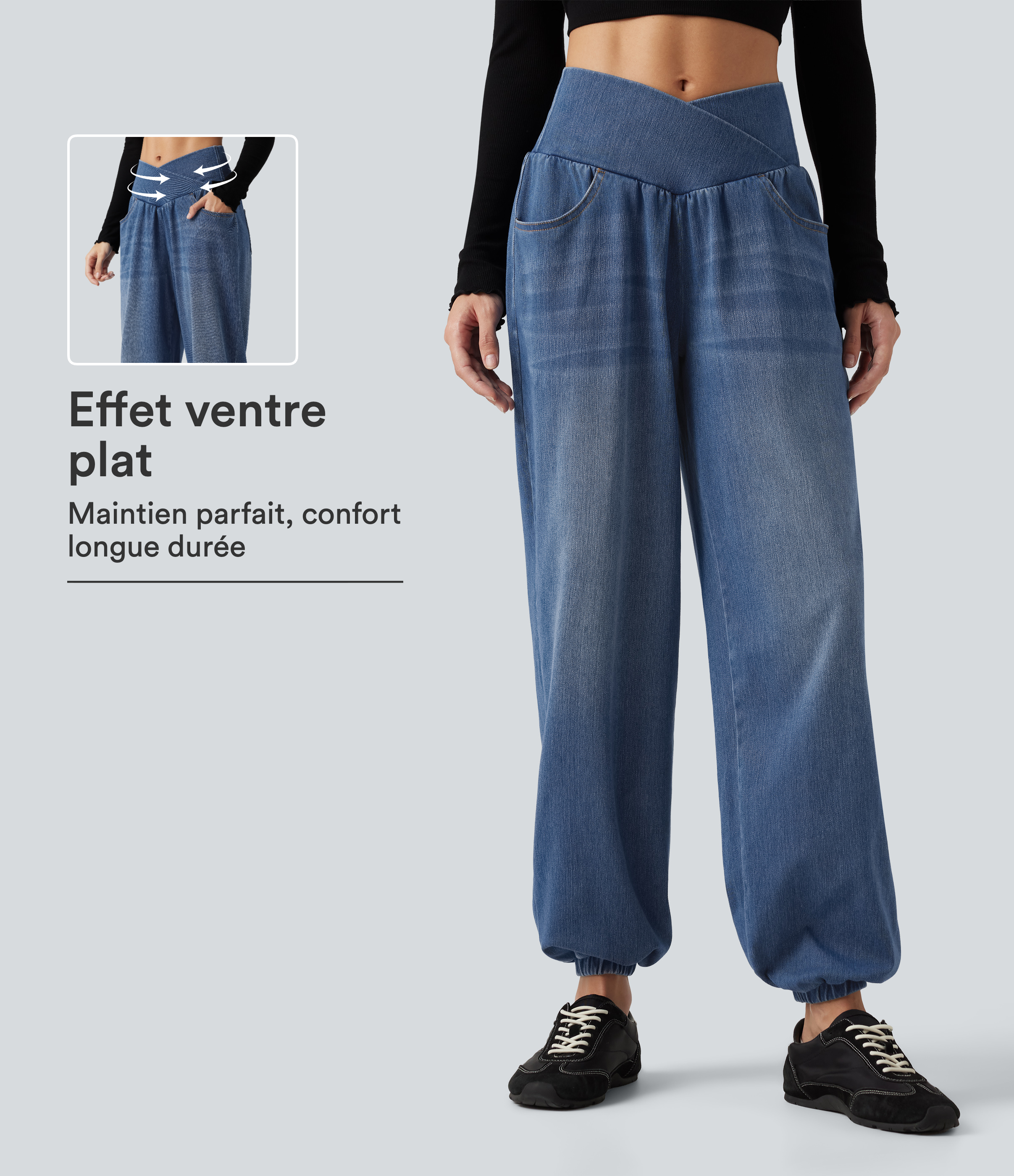 Pantalon de jogging en jean Halara Flex™ taille haute croisée gainant avec poches