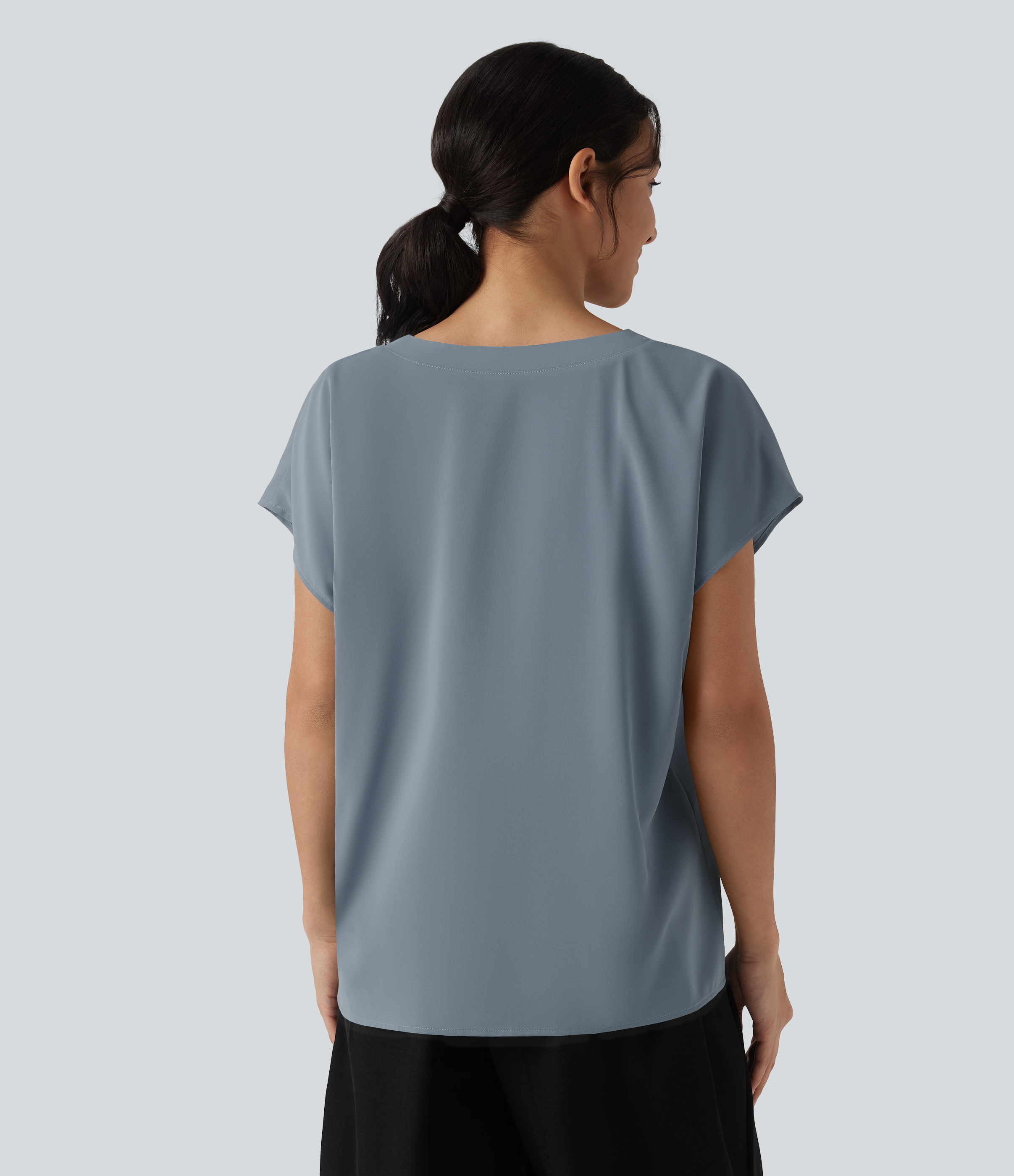 Mountain Spring Wrinkle Recovery V-neck Short Sleeve Oversized Work Blouse / 2