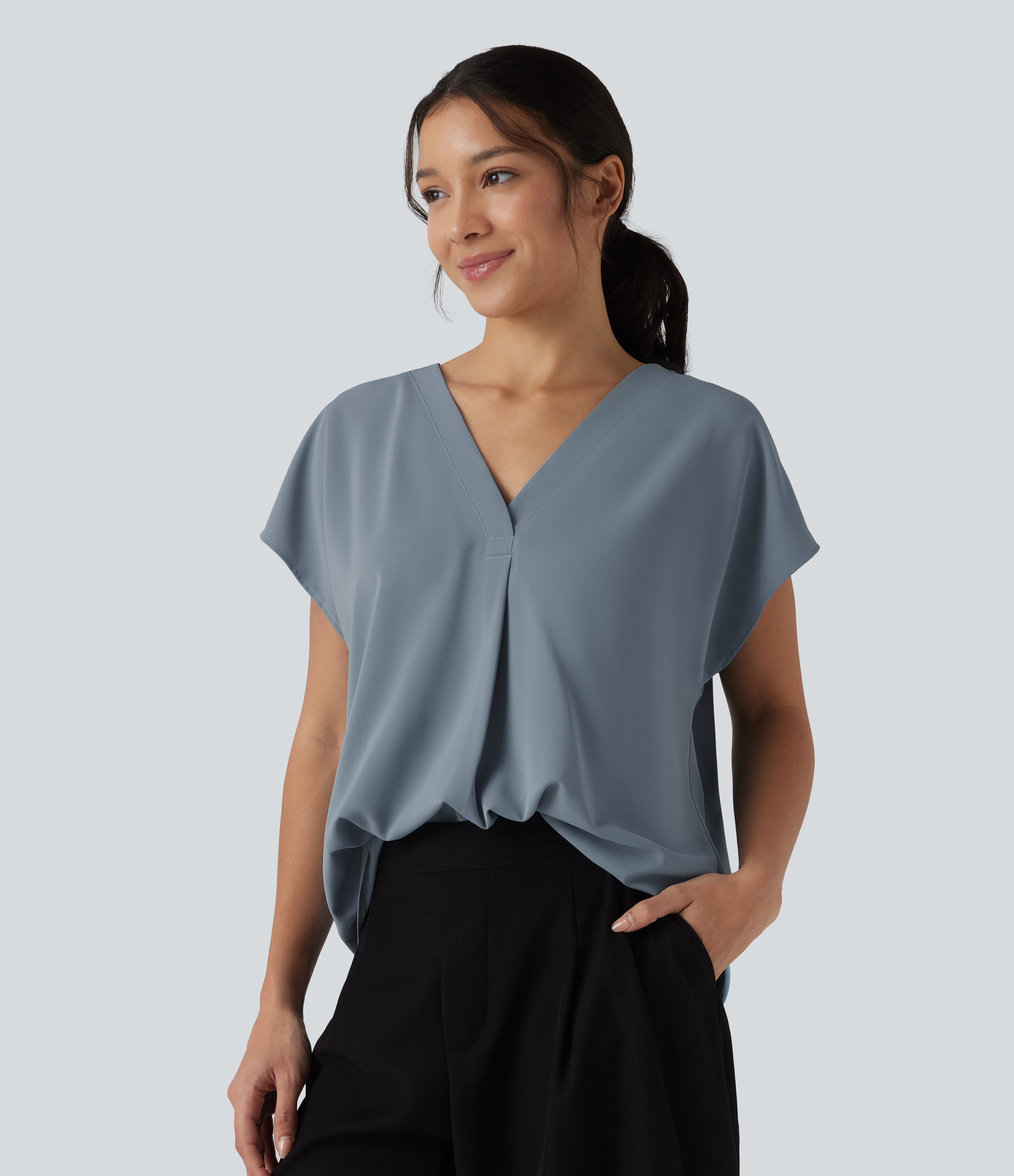 Wrinkle Recovery V-neck Short Sleeve Oversized Work Blouse