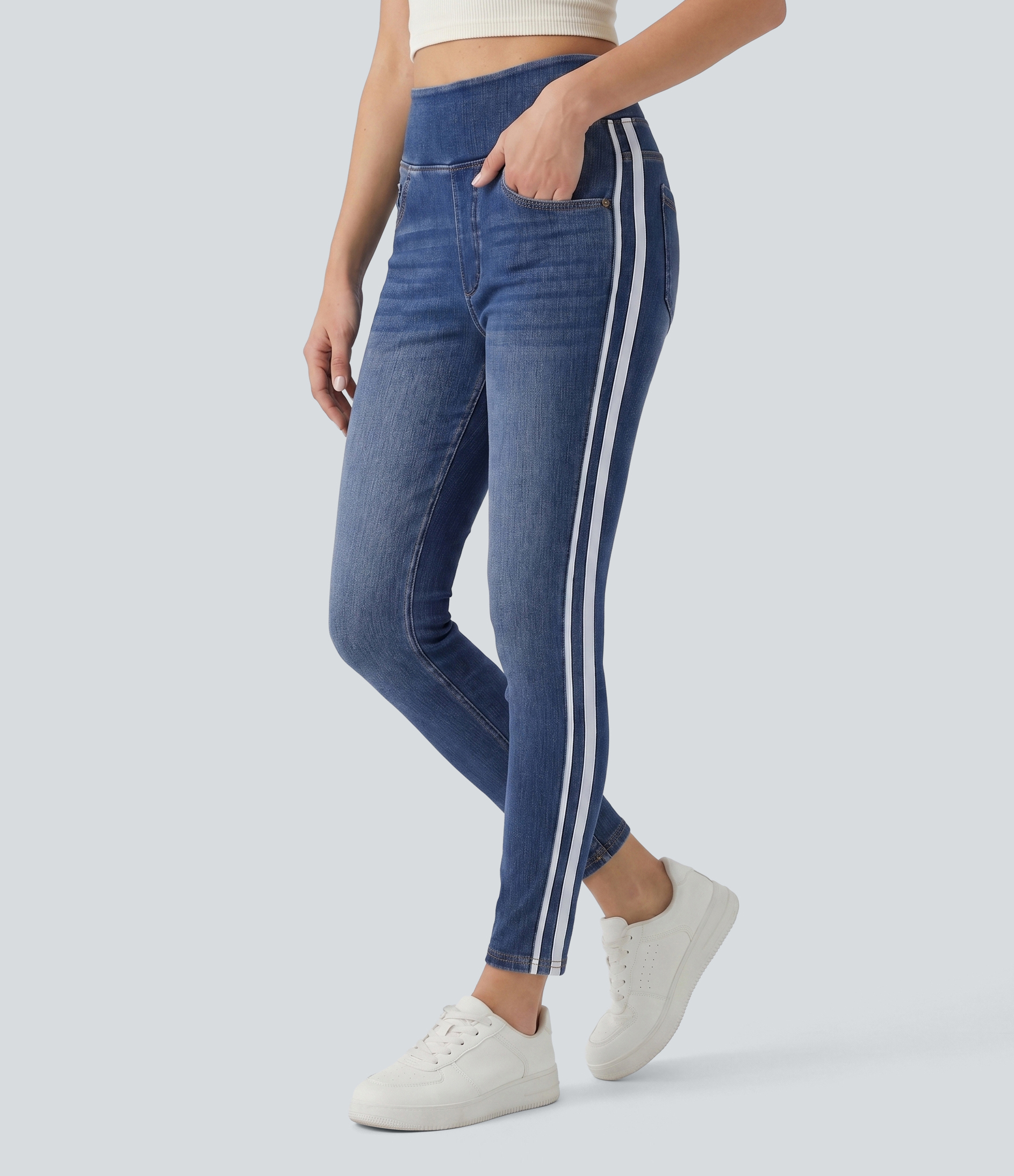 Halara Flex™ High Waisted Stripe Skinny Washed Casual Jeans with Pockets