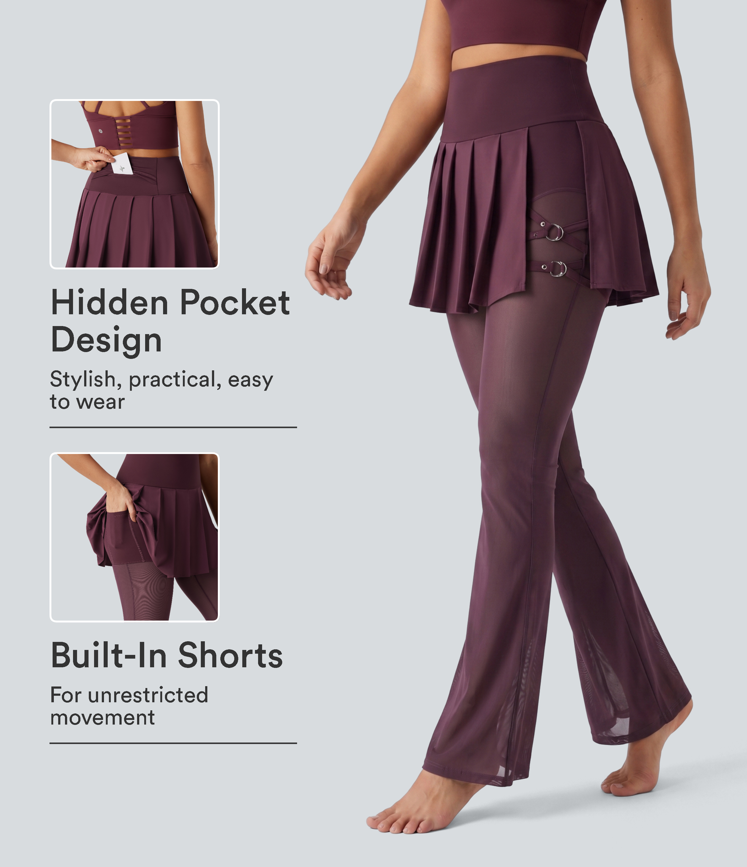 Breezeful™ High Waisted Pleated 2-in-1 Contrast Mesh Quick Dry Flare Dance Skirted Leggings with Pockets