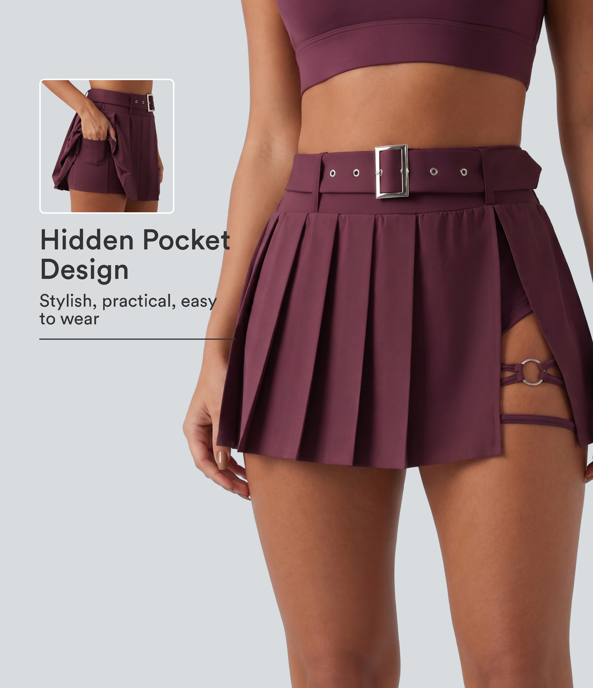 Breezeful™ Mid Rise Belted 2-in-1 Pleated Asymmetric Hem Quick Dry Micro Mini Dance Skirt with Pocket