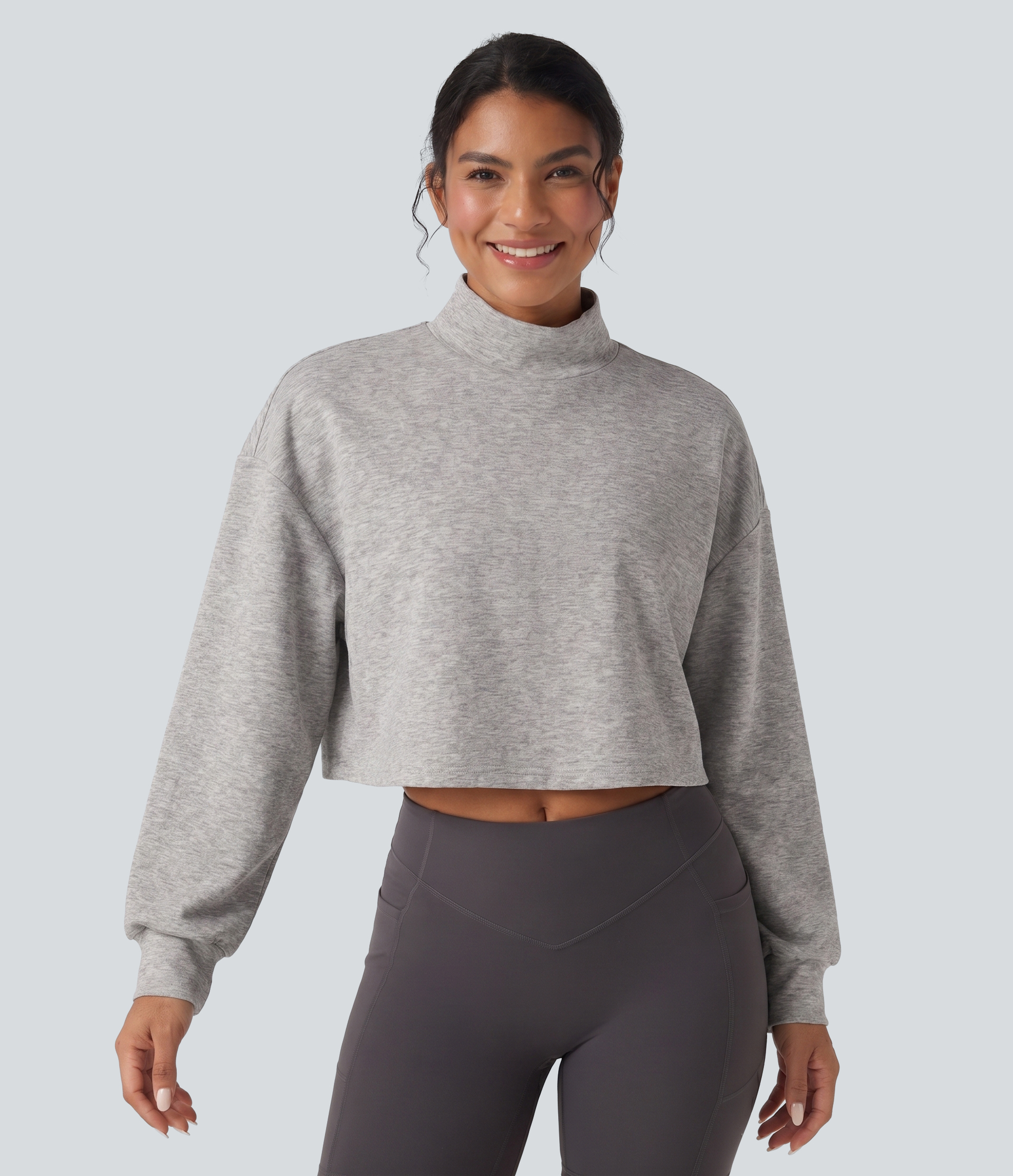 Mock Neck Long Sleeve Relaxed Cropped Casual Sweatshirt 