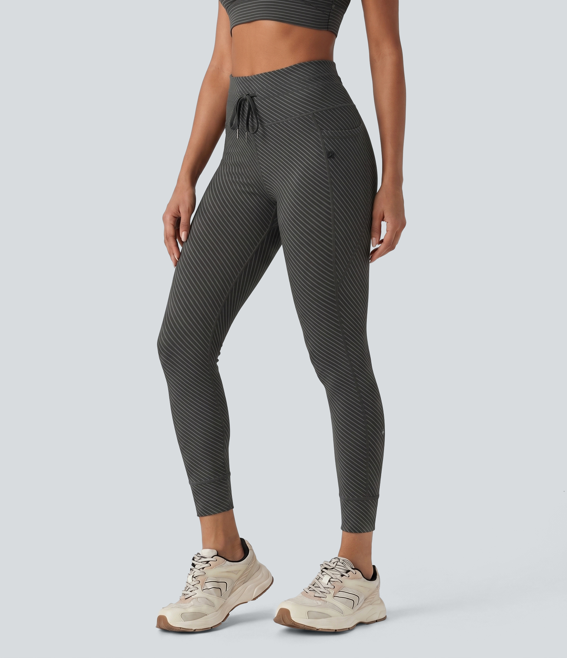 High Waisted Drawstring Twill Stripe Yoga Leggings with Pockets