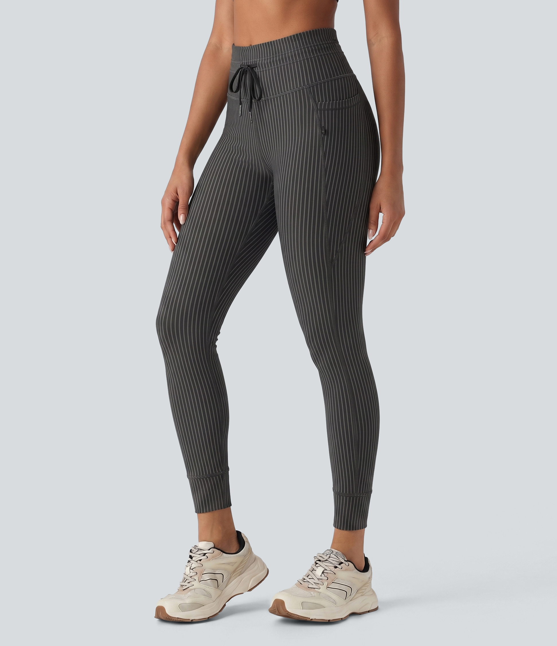 High Waisted Drawstring Stripe Yoga Leggings with Pockets