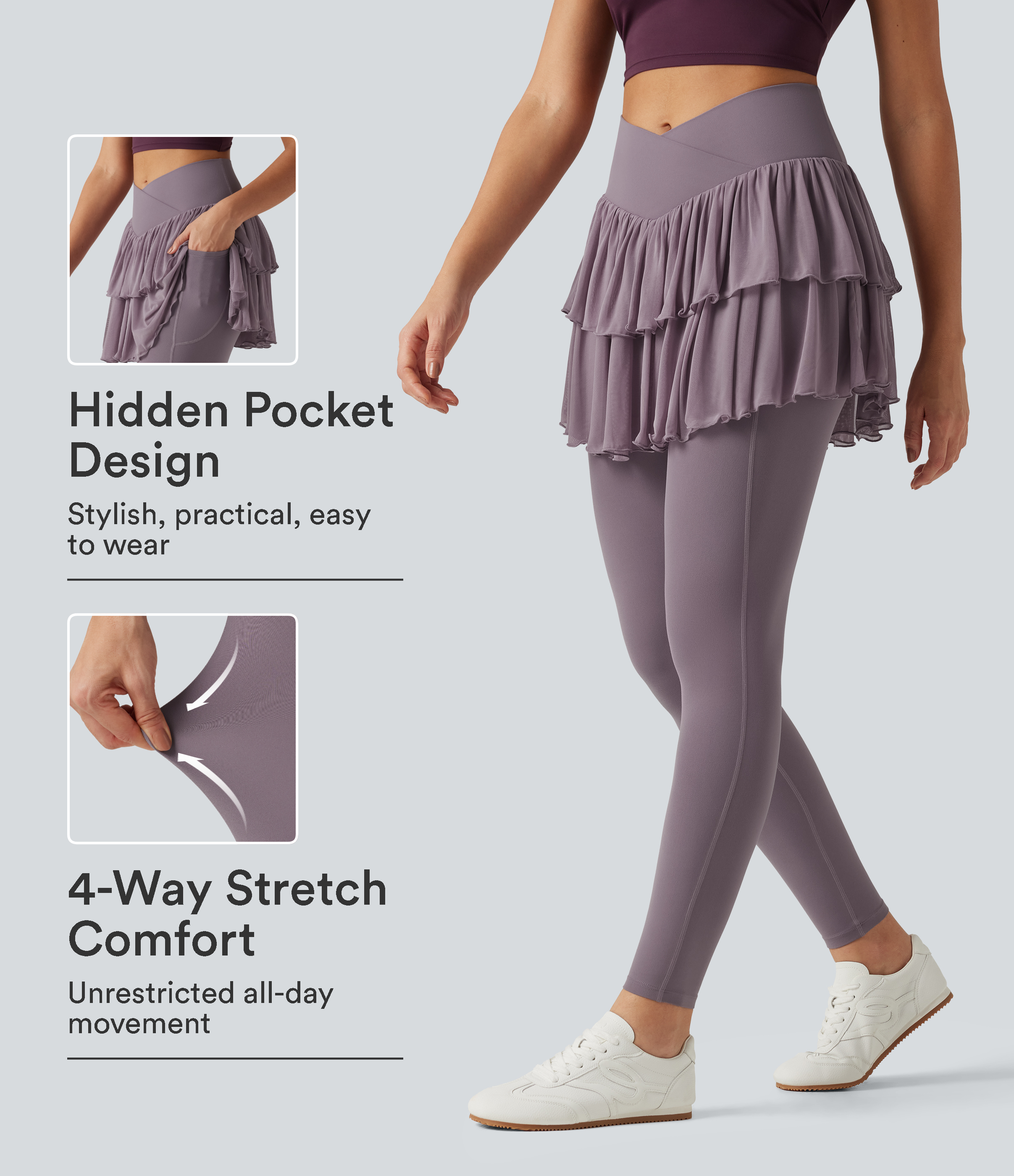 Softlyzero™ High Waisted Crossover Contrast Mesh Workout Skirted Leggings with Pockets