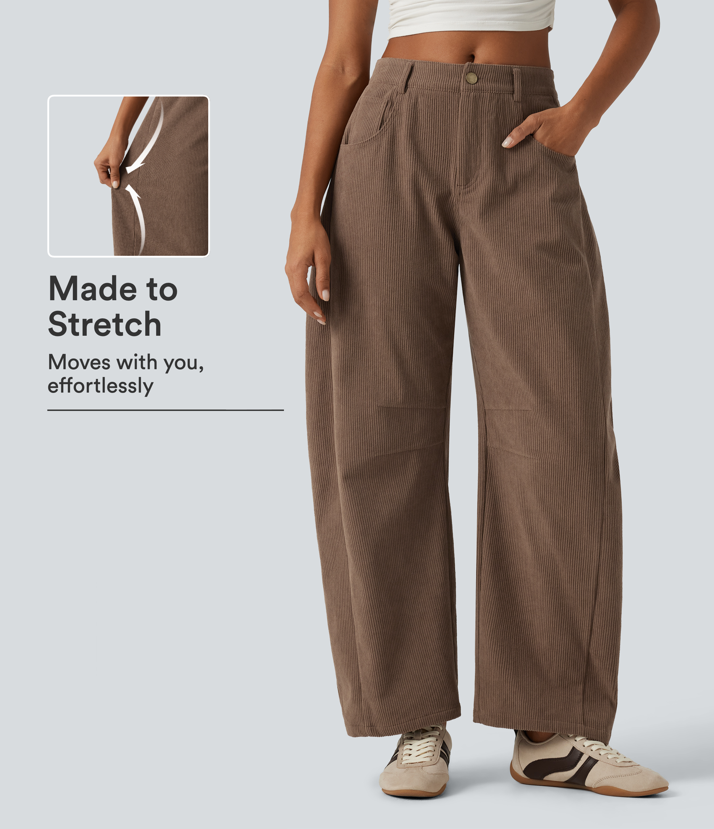Mid Rise Barrel Leg Corduroy Casual Pants with Pockets