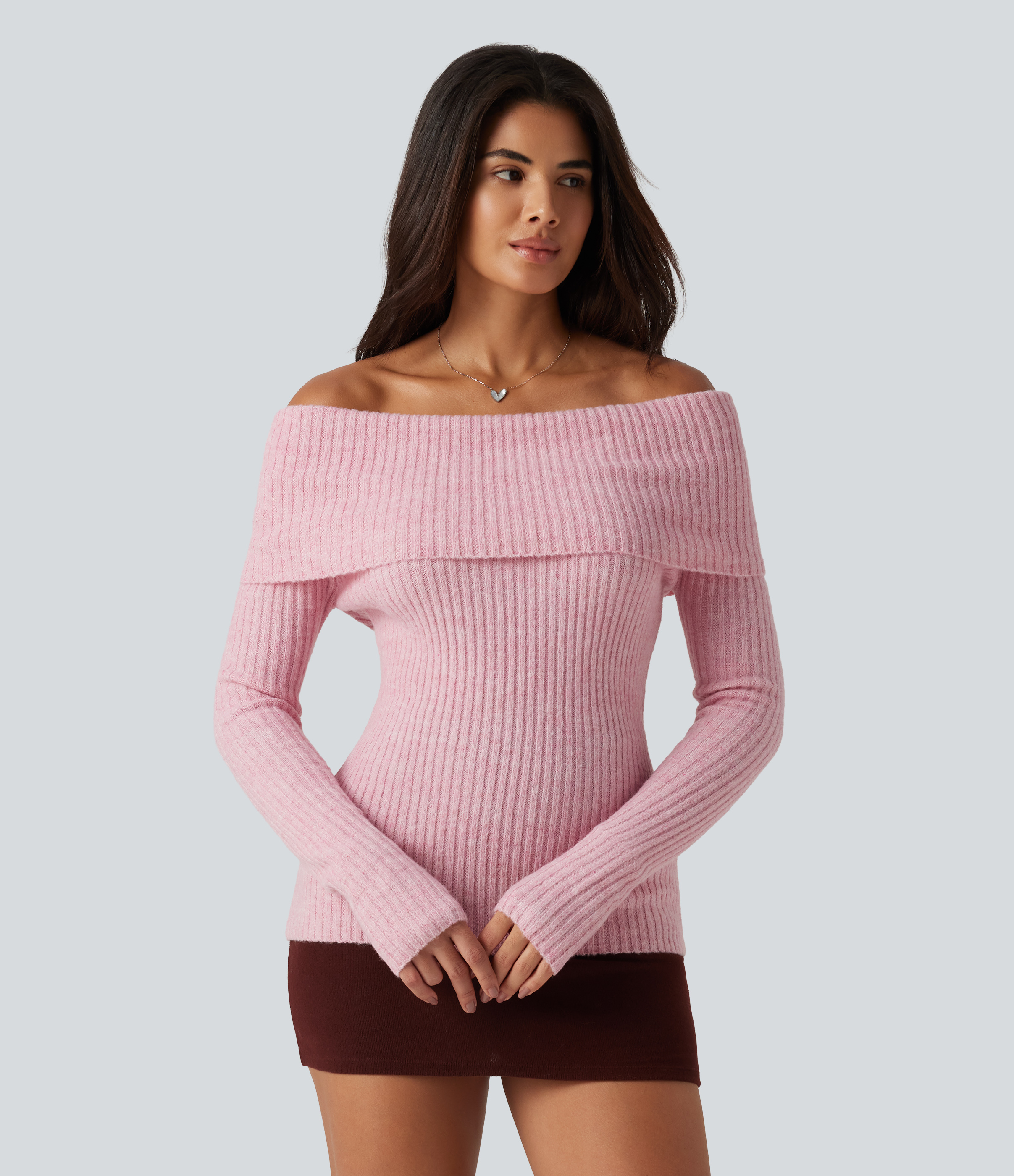 Off Shoulder Long Sleeve Thumb Hole Work Sweater