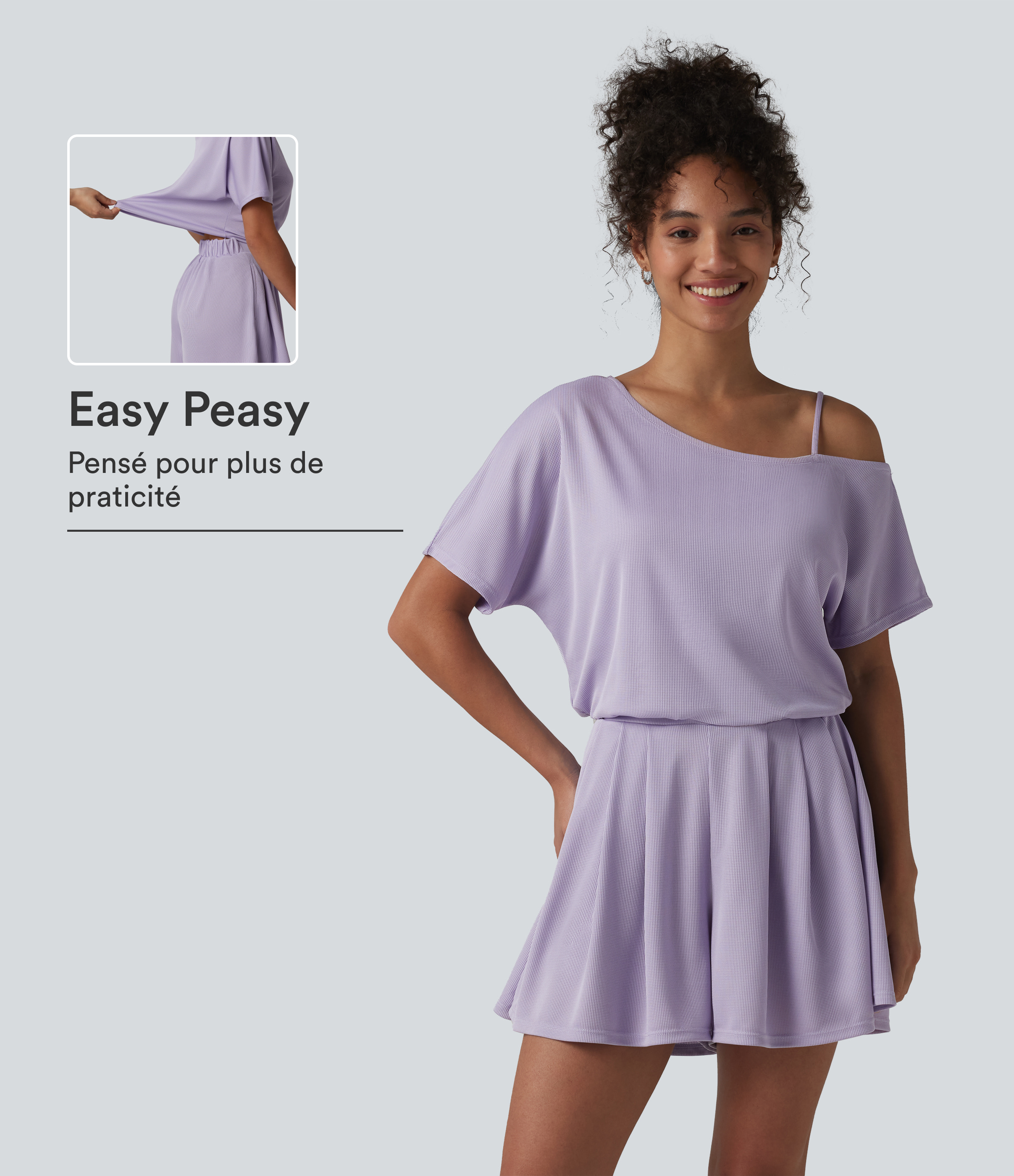 Mashed Taro purple Combishort casual asymétrique manches courtes plissé en nid d'abeille avec poches - Édition Easy Peasy / 1