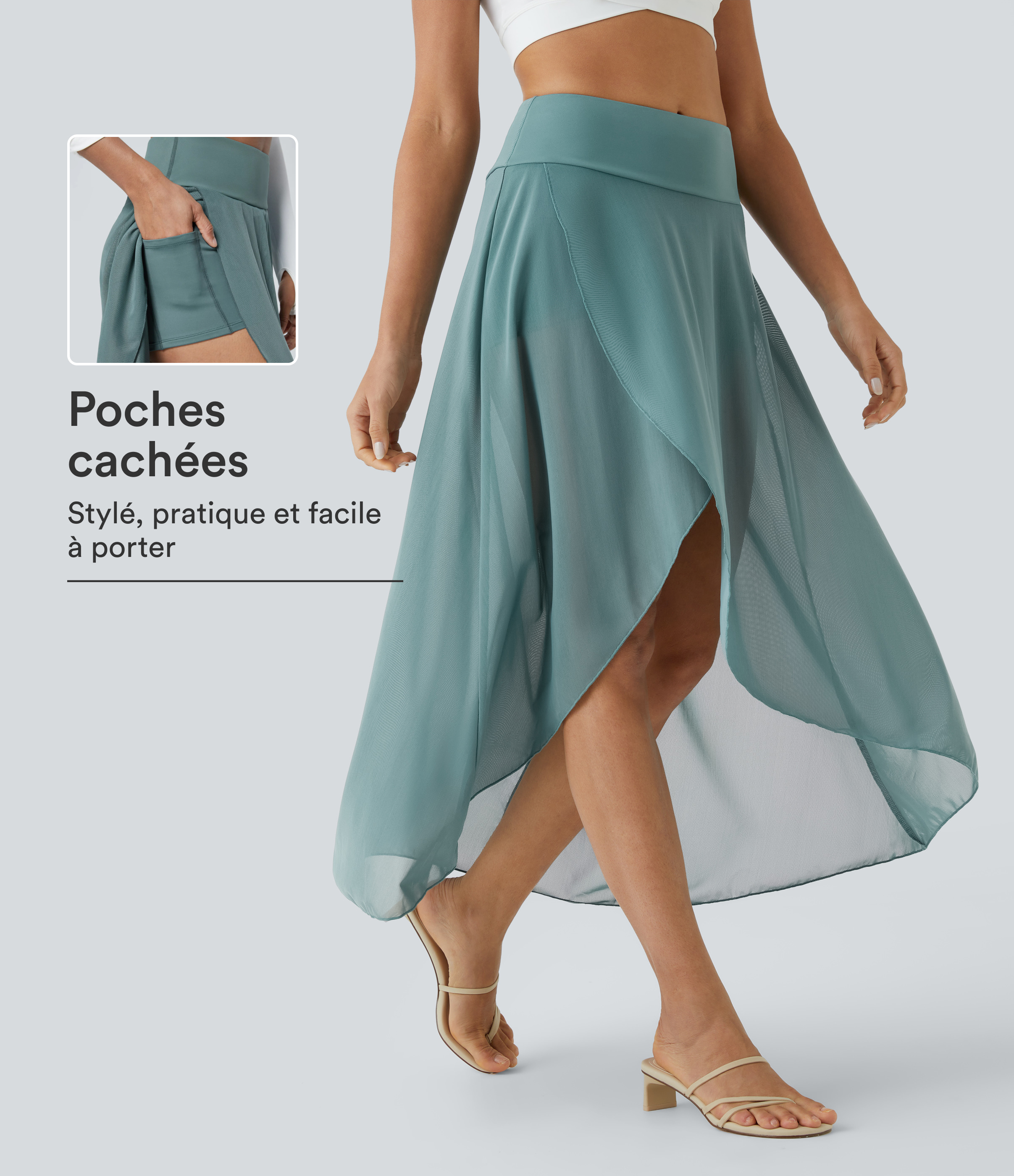 Jupe Longue Fluide Taille Haute à Volants 2 en 1 Poche Latérale Évasée en Mesh Casual Quotidien