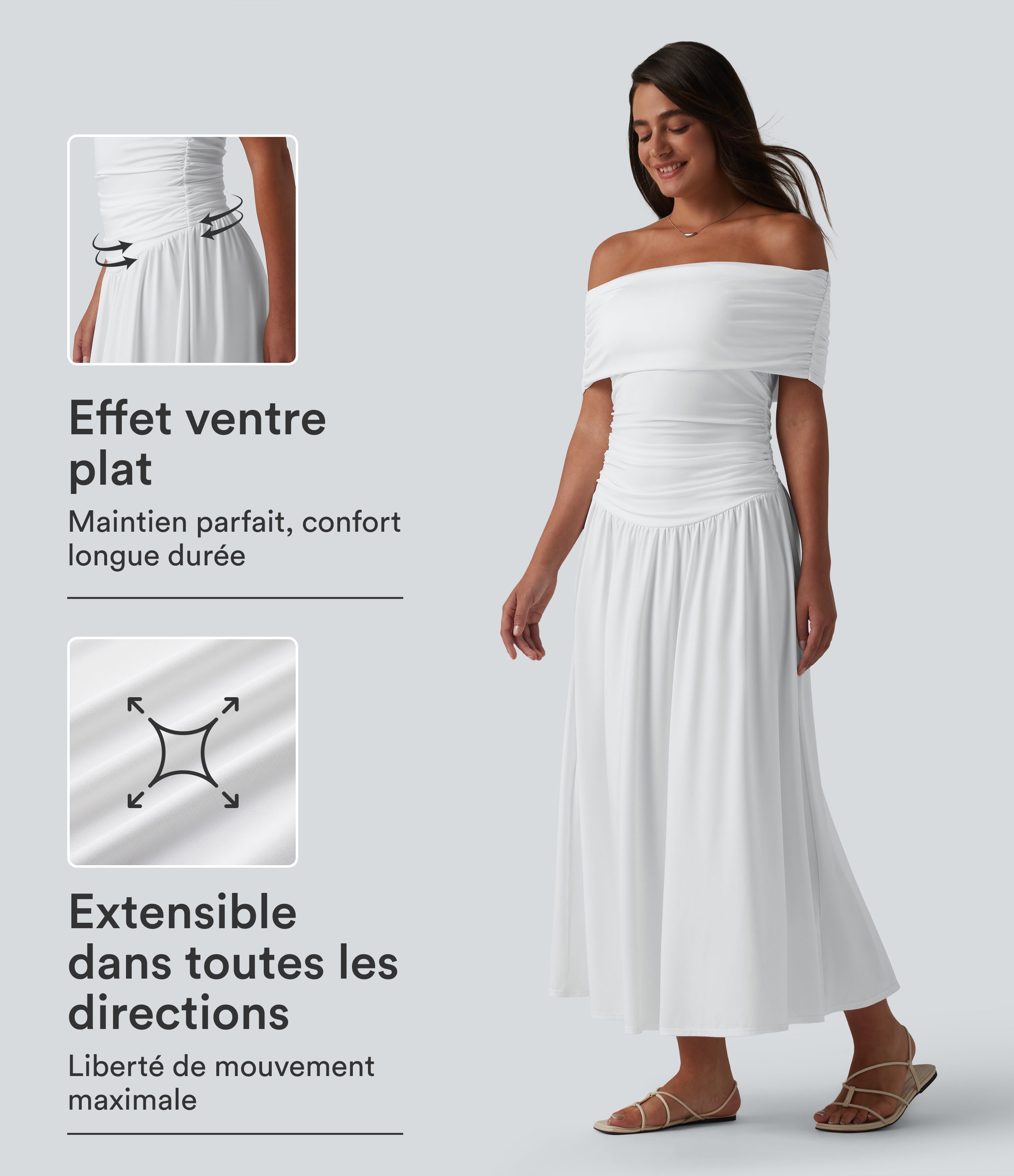 Robe casual maxi fluide gainante froncée à épaules dénudées avec brassière intégrée