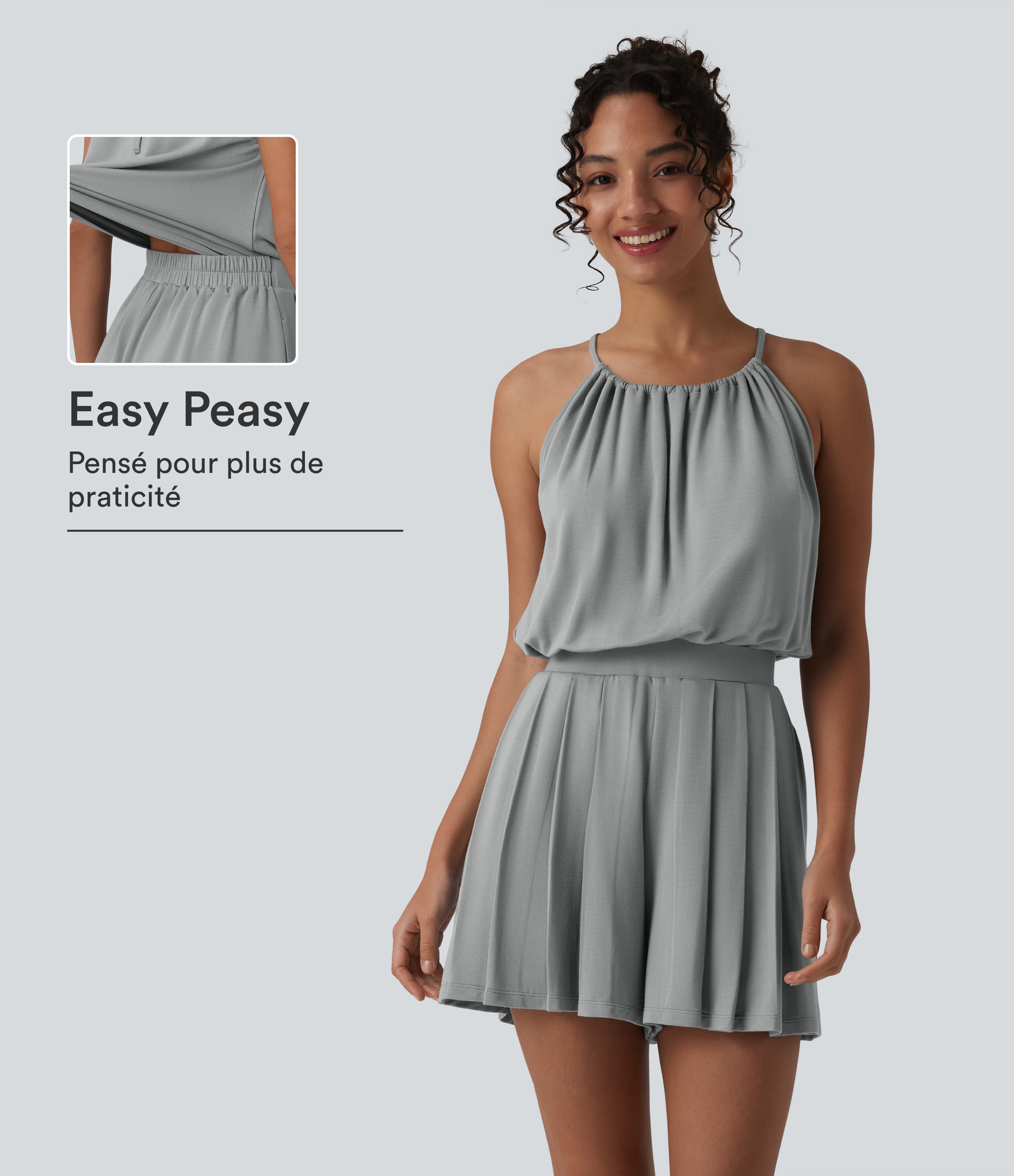 Mist Grey Combishort casual plissé col licou sans manches avec dos à nouer et poches – Easy Peasy / 1
