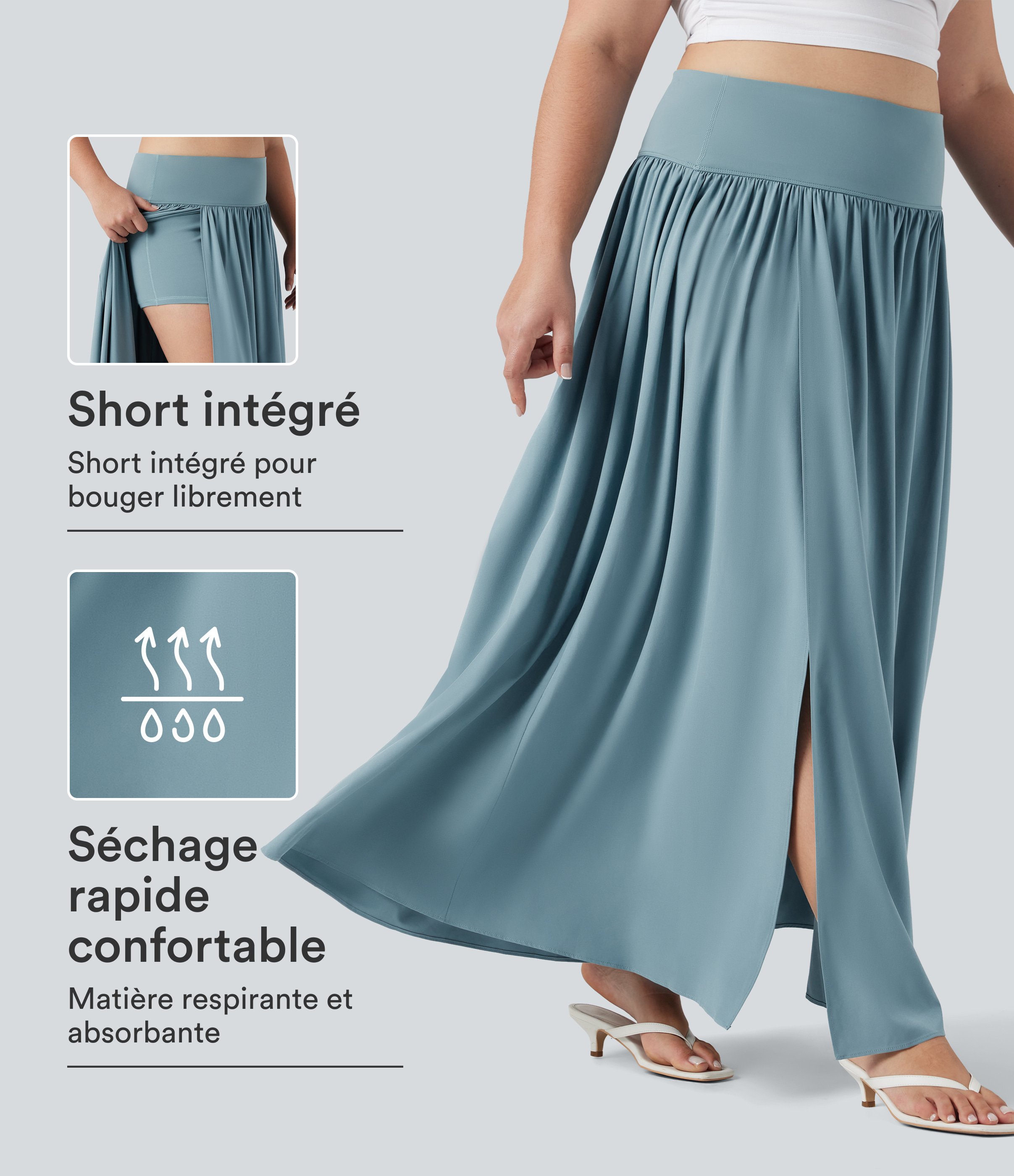 Jupe maxi fluide 2-en-1 gainante taille haute à séchage rapide grande taille Breezeful™