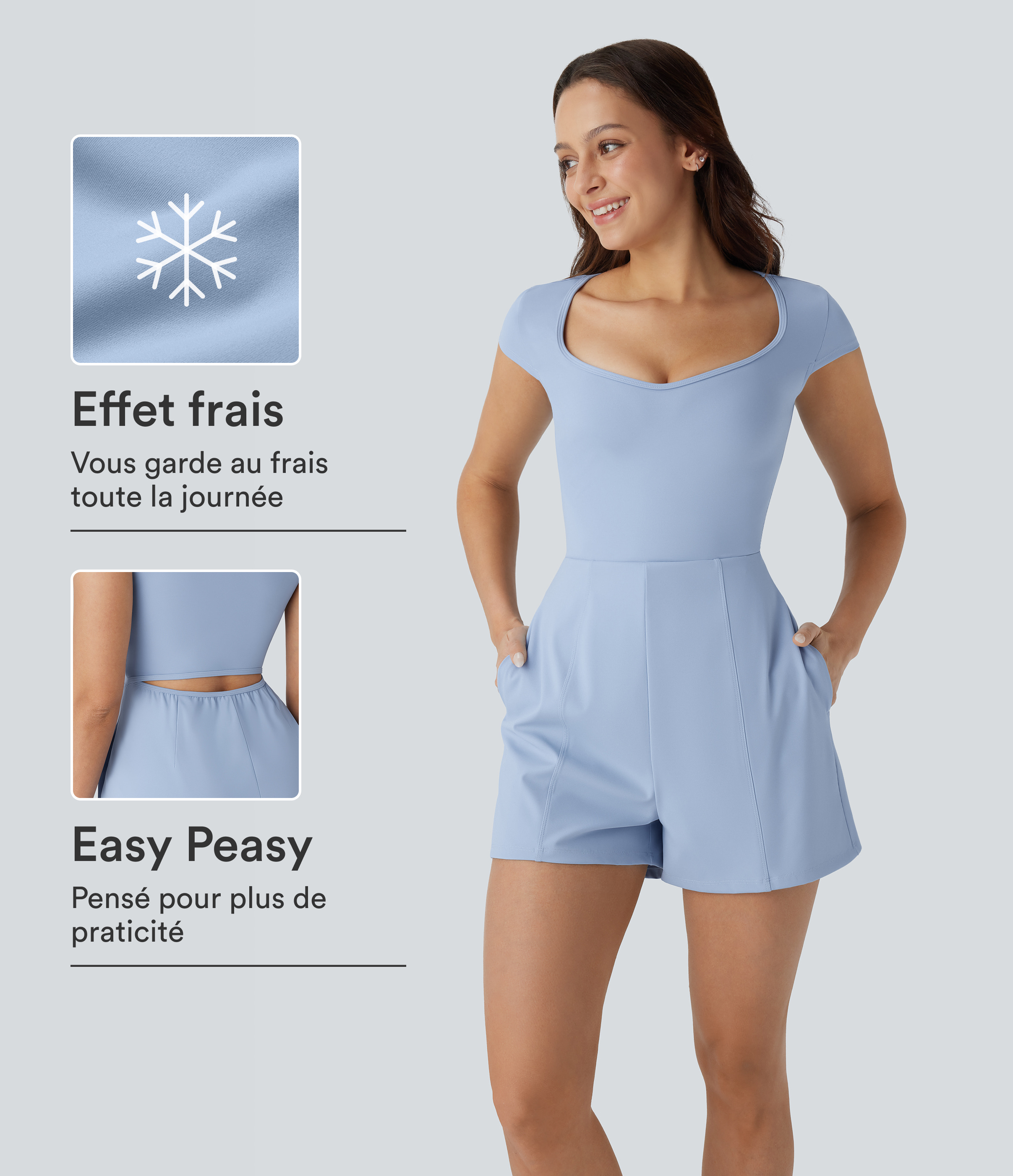 Combinaison de yoga Softlyzero™ Airy avec col U, manches courtes et poches latérales - Édition Easy Peasy