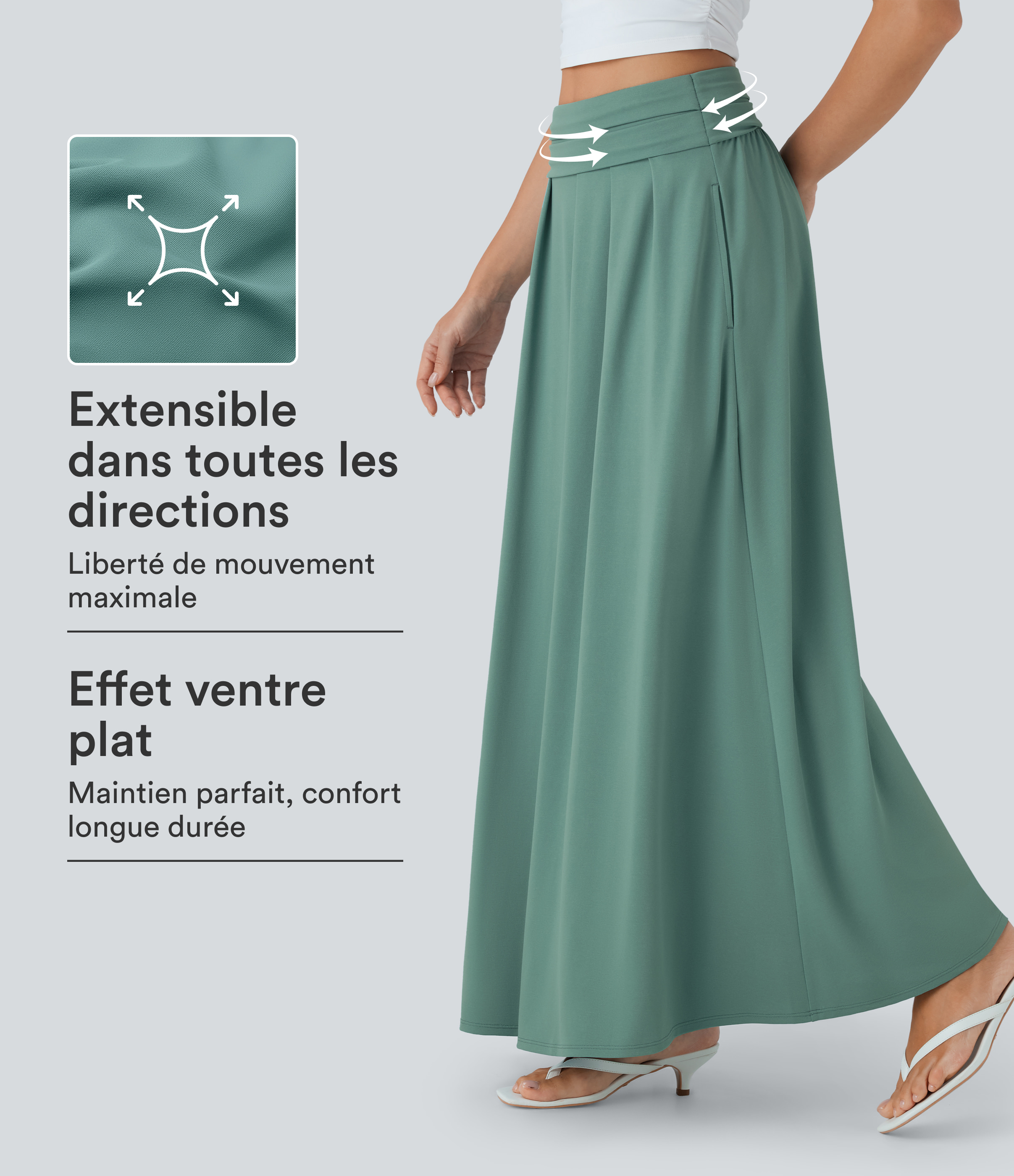 Jupe maxi fluide évasée décontractée gainante taille haute avec poches