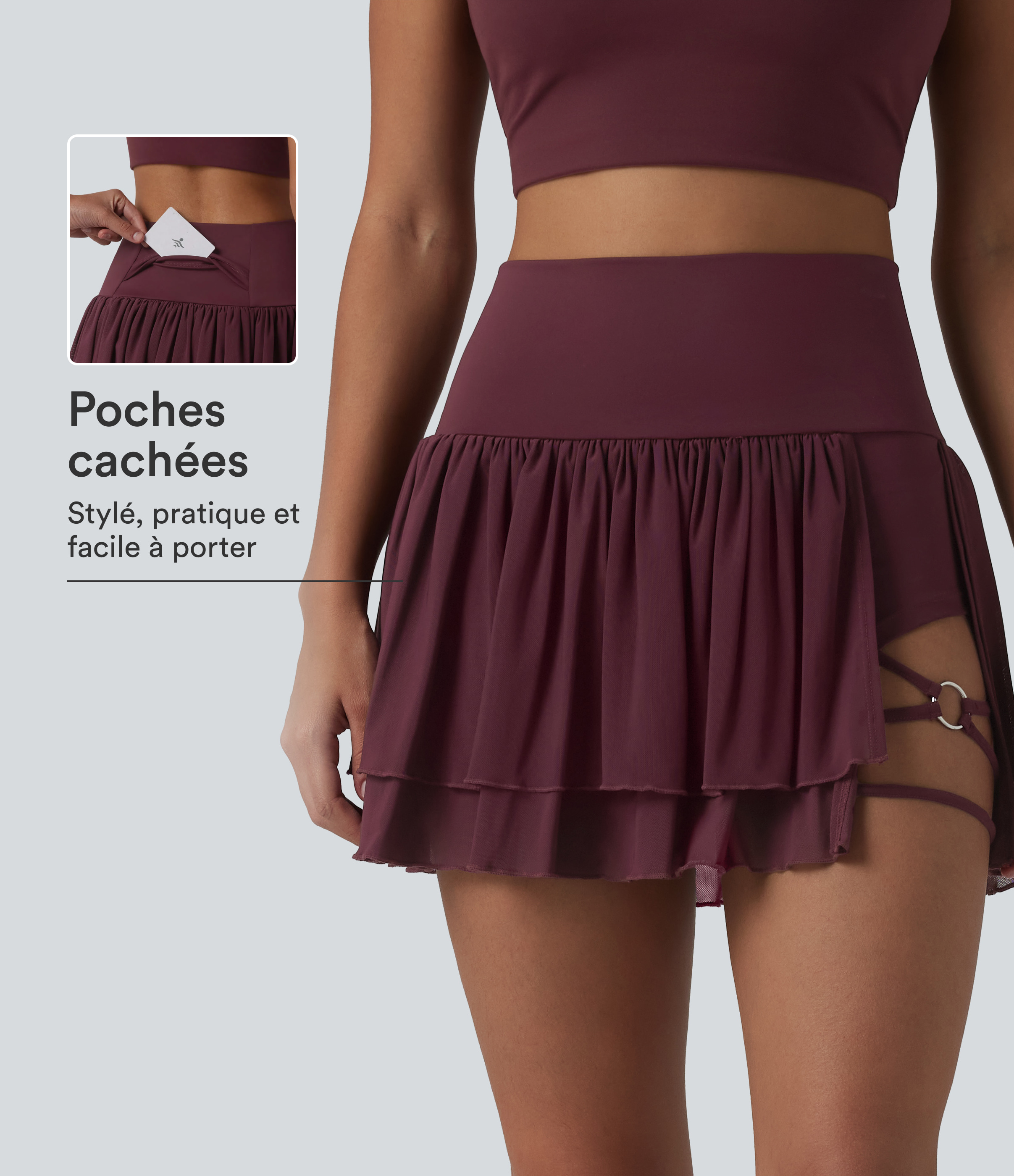 Jupe de danse mini 2-en-1 en mesh respirant à volants et ourlet asymétrique taille haute avec poches