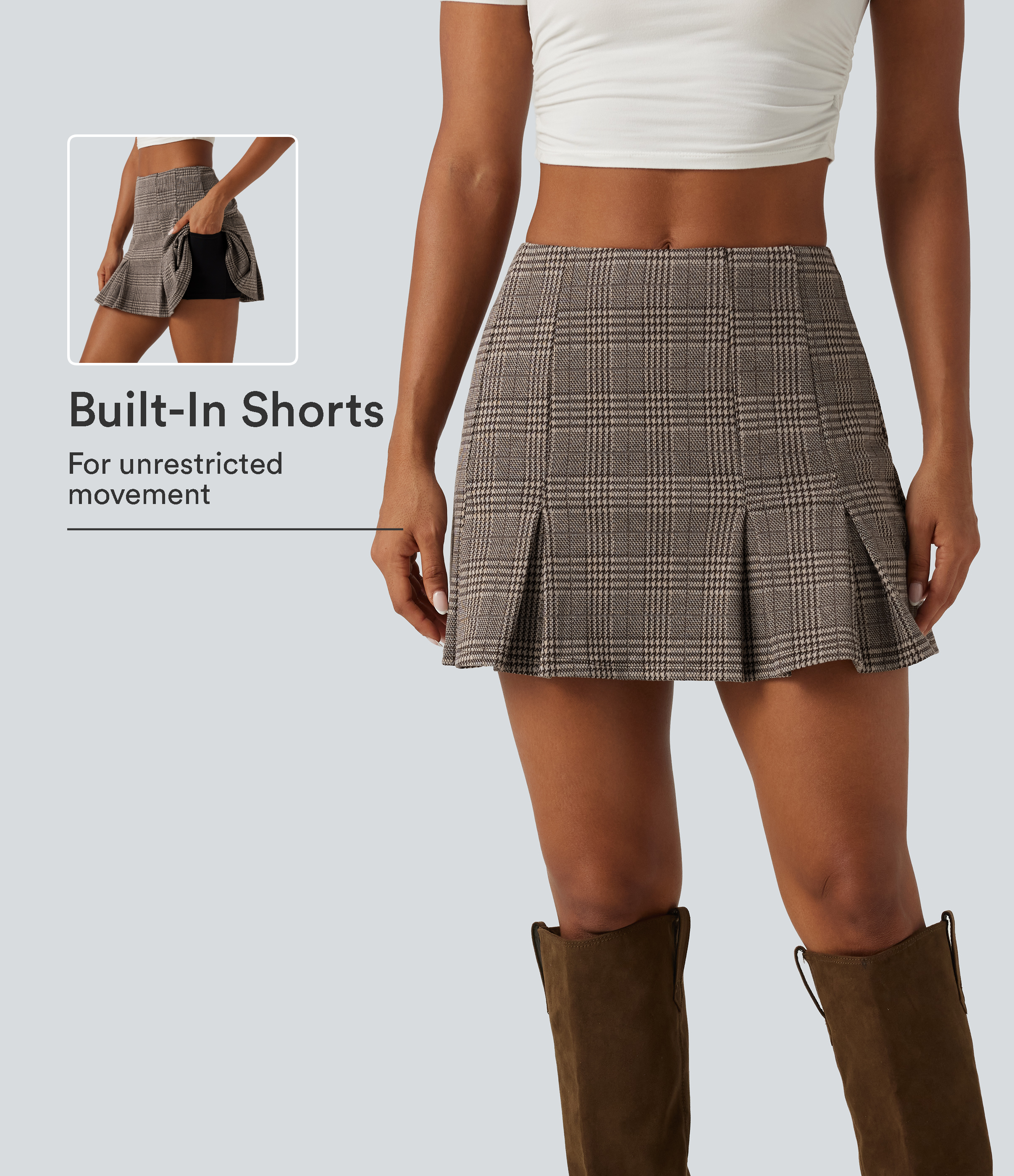 High Waisted 2-in-1 Pleated A Line Houndstooth Plaid Mini Work Skirt with Pockets