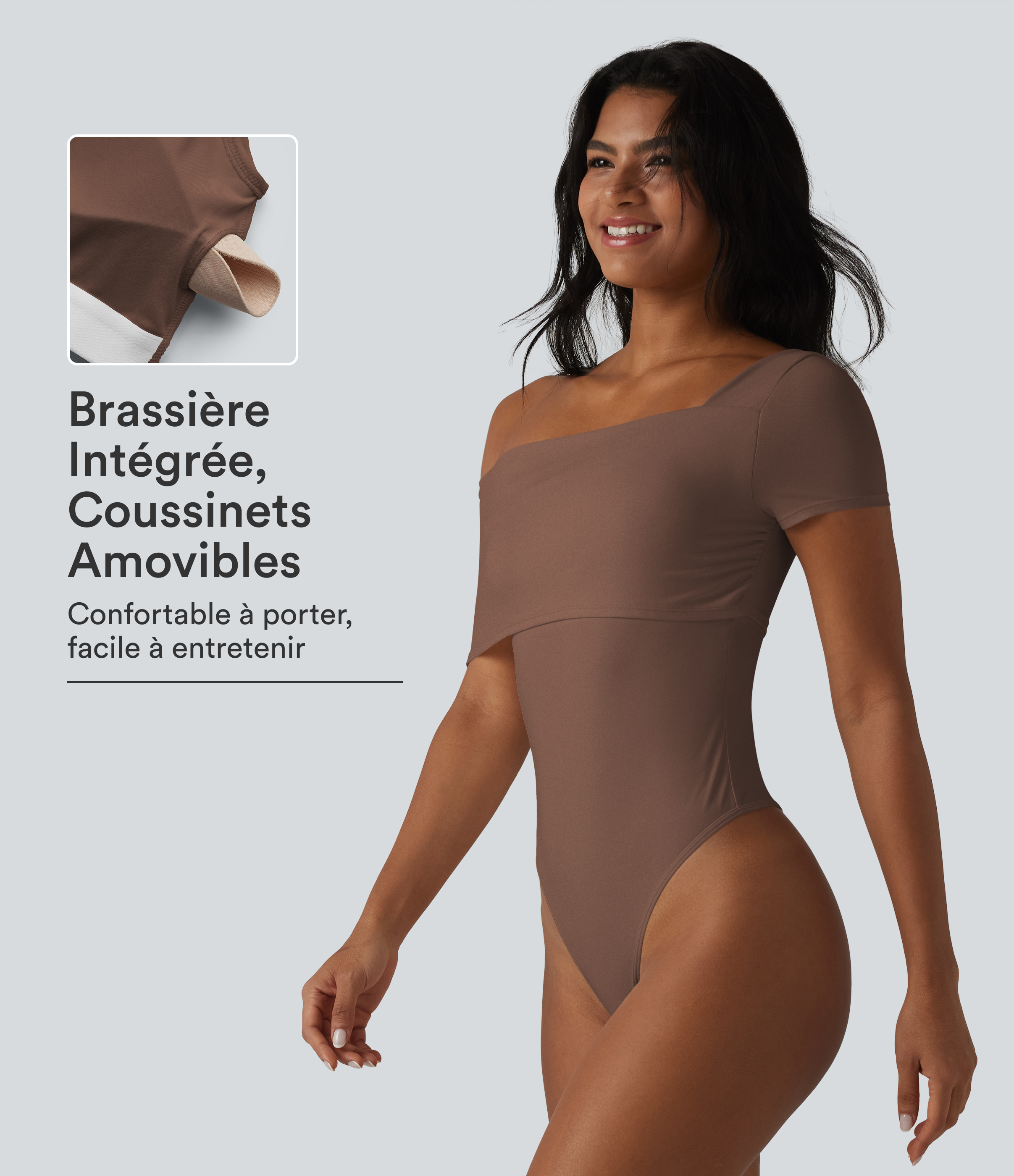 Cocoa Brown Body casual col asymétrique manches courtes avec soutien-gorge intégré / 1