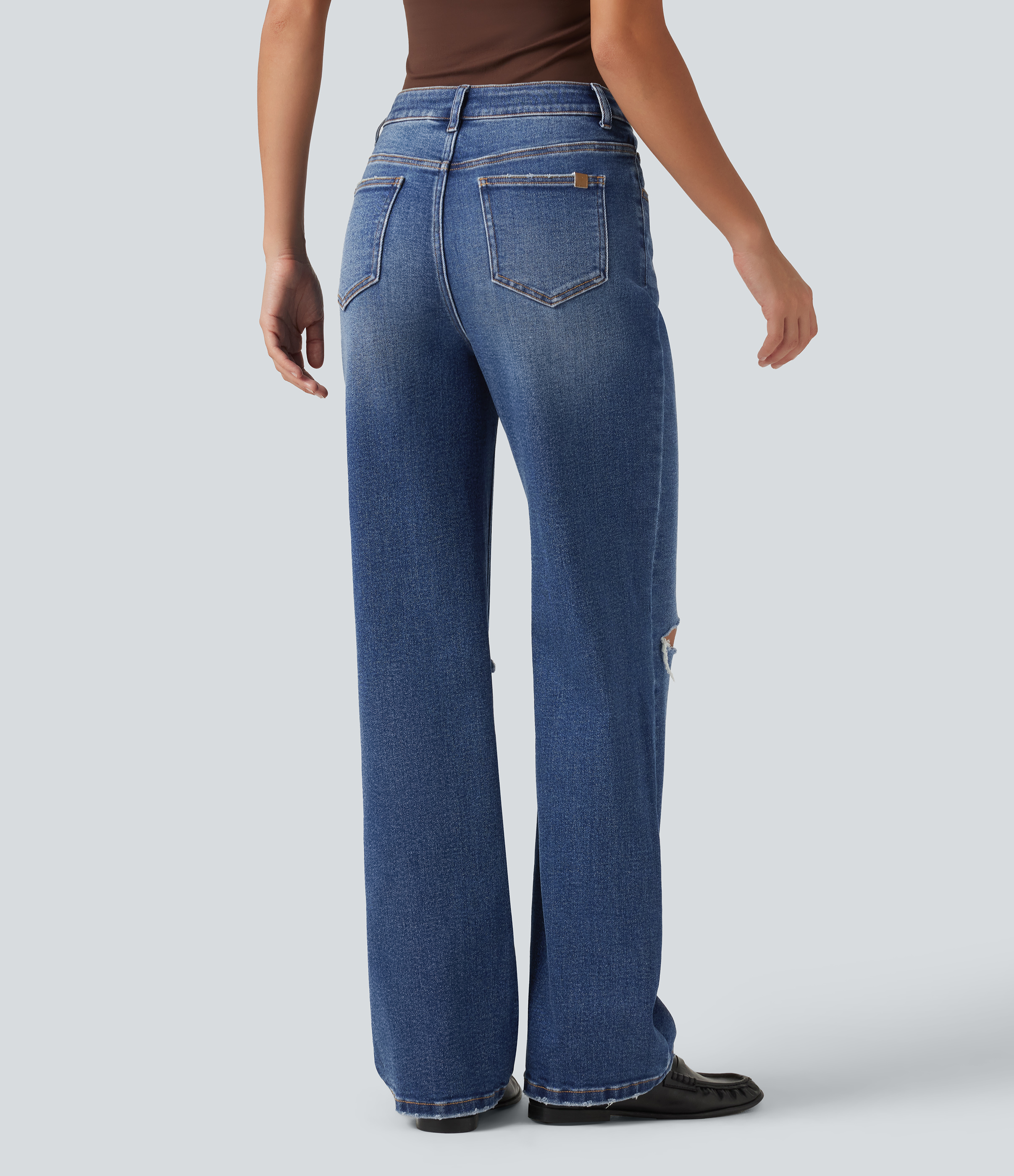 Tide Blue Denim High Waisted Ripped Straight Leg Casual Jeans with Pockets / 2