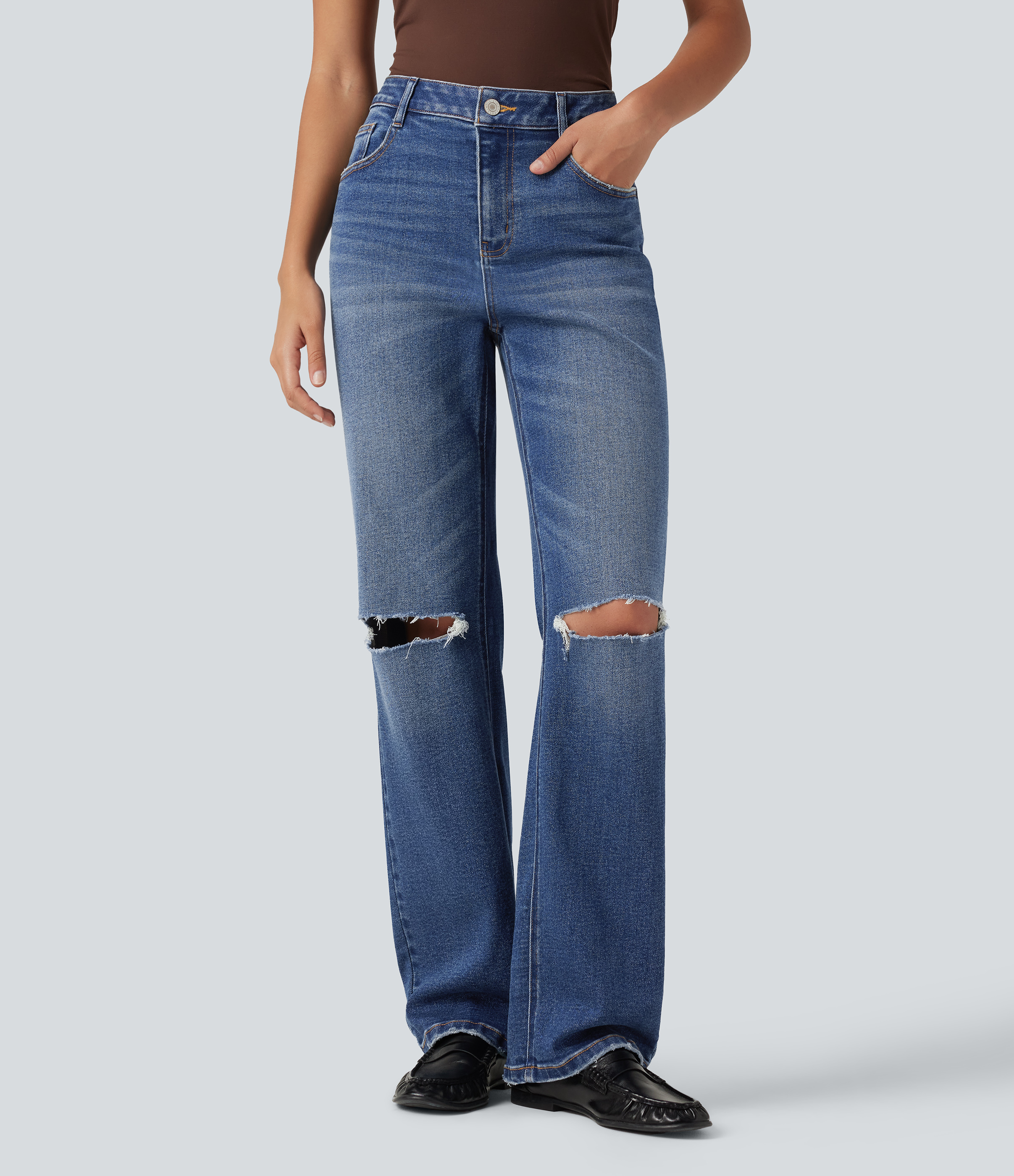 High Waisted Ripped Straight Leg Casual Jeans with Pockets